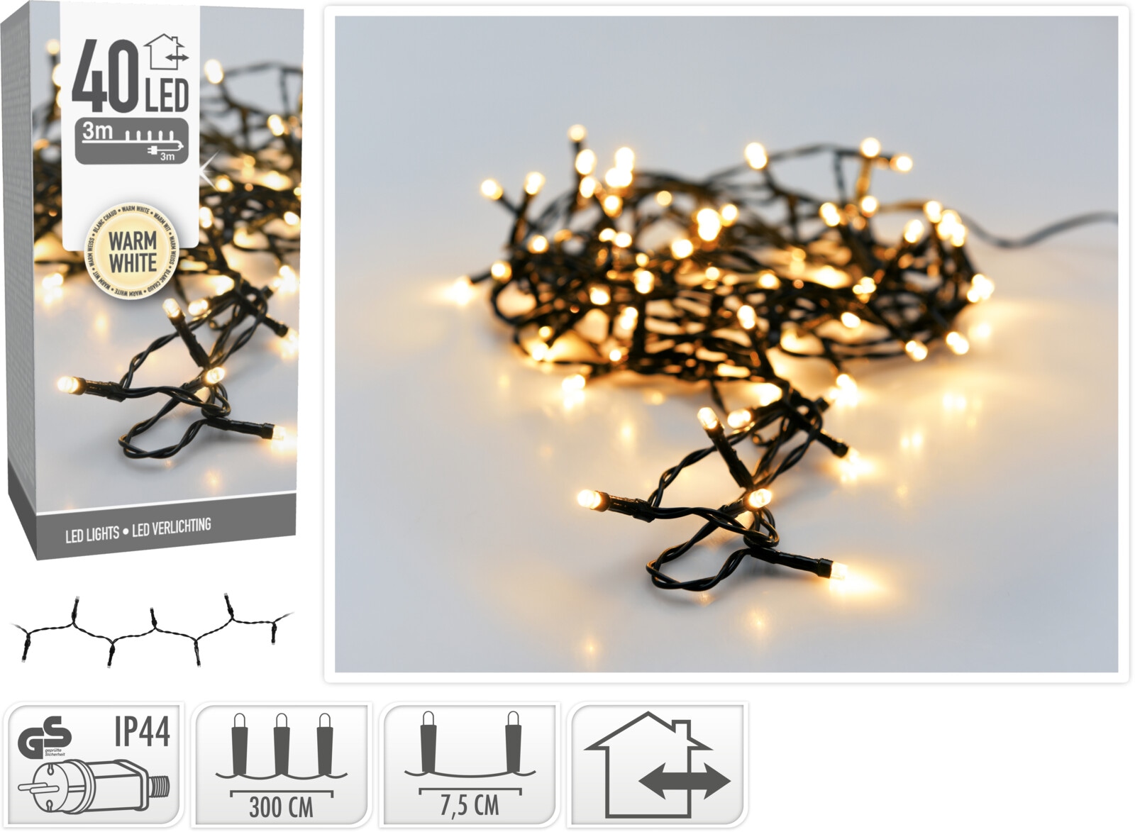 LED-Lichterkette, 40 LEDs, Grünes Kabel, Innen/Außen, 6m, warmweiß KOOPMAN LED-Lichterkette warmweiß, 40 LEDs, Grünes Kabel, Innen/Außen, 6m
