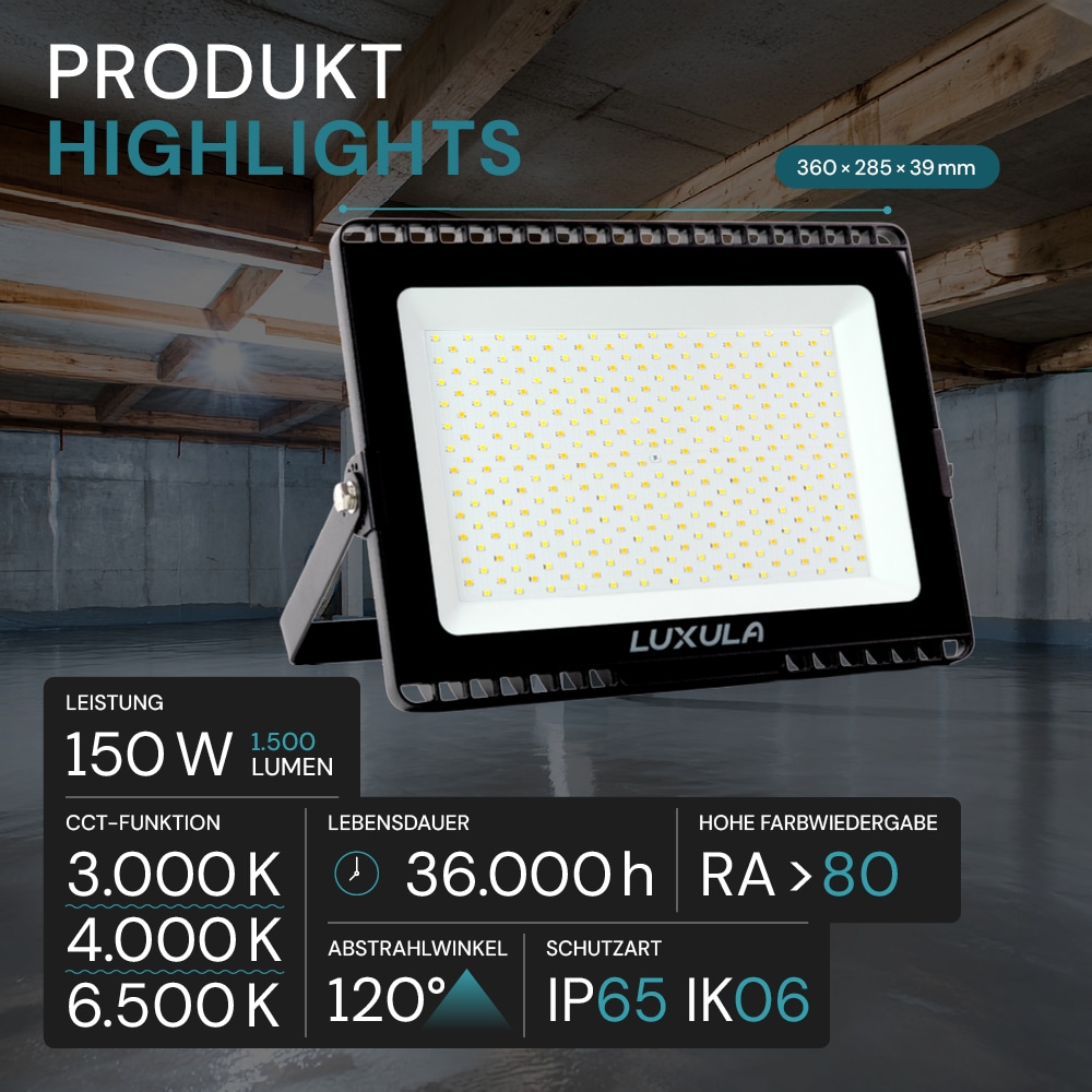 LUXULA LED-Fluter, EEK: F, 150W, 15000lm, CCT, schwarz LUXULA LED-Fluter, EEK: F, 150W, 15000lm, CCT, schwarz