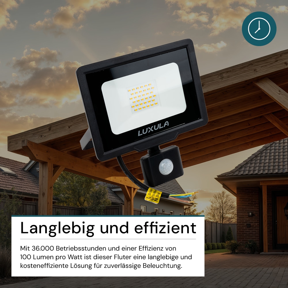 LUXULA LED-Fluter mit Bewegungsmelder, EEK: F, 30W, 3000lm, 4000K, schwarz
