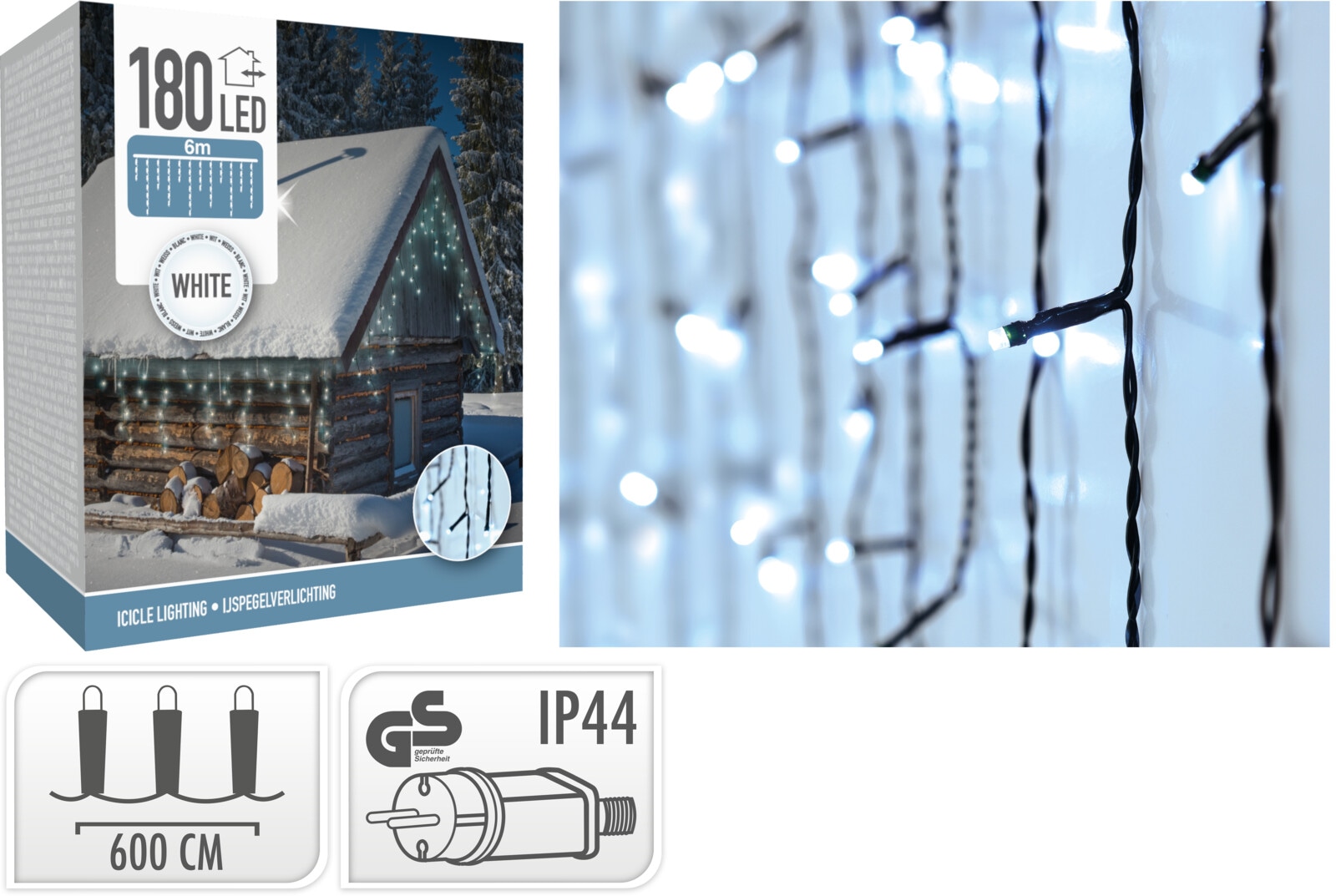 LED-Lichterkette Vorhang ,180 LEDs, kaltweiß, IP44, 230 V~, 6 m, grün