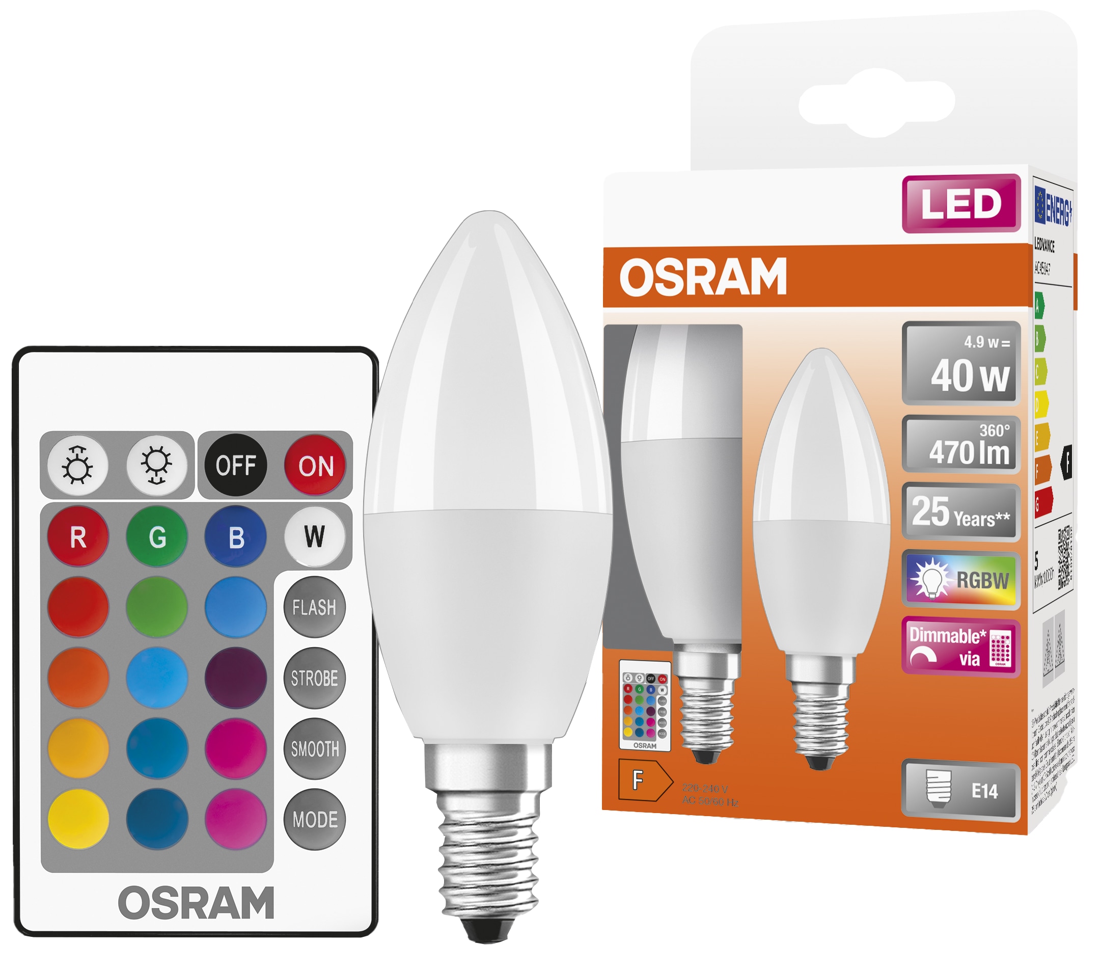 OSRAM LED-Lampe Superstar Classic, B40, E14, EEK: F, 4,9 W, 470 lm, 2700 K, RGBW, 2 Stück
