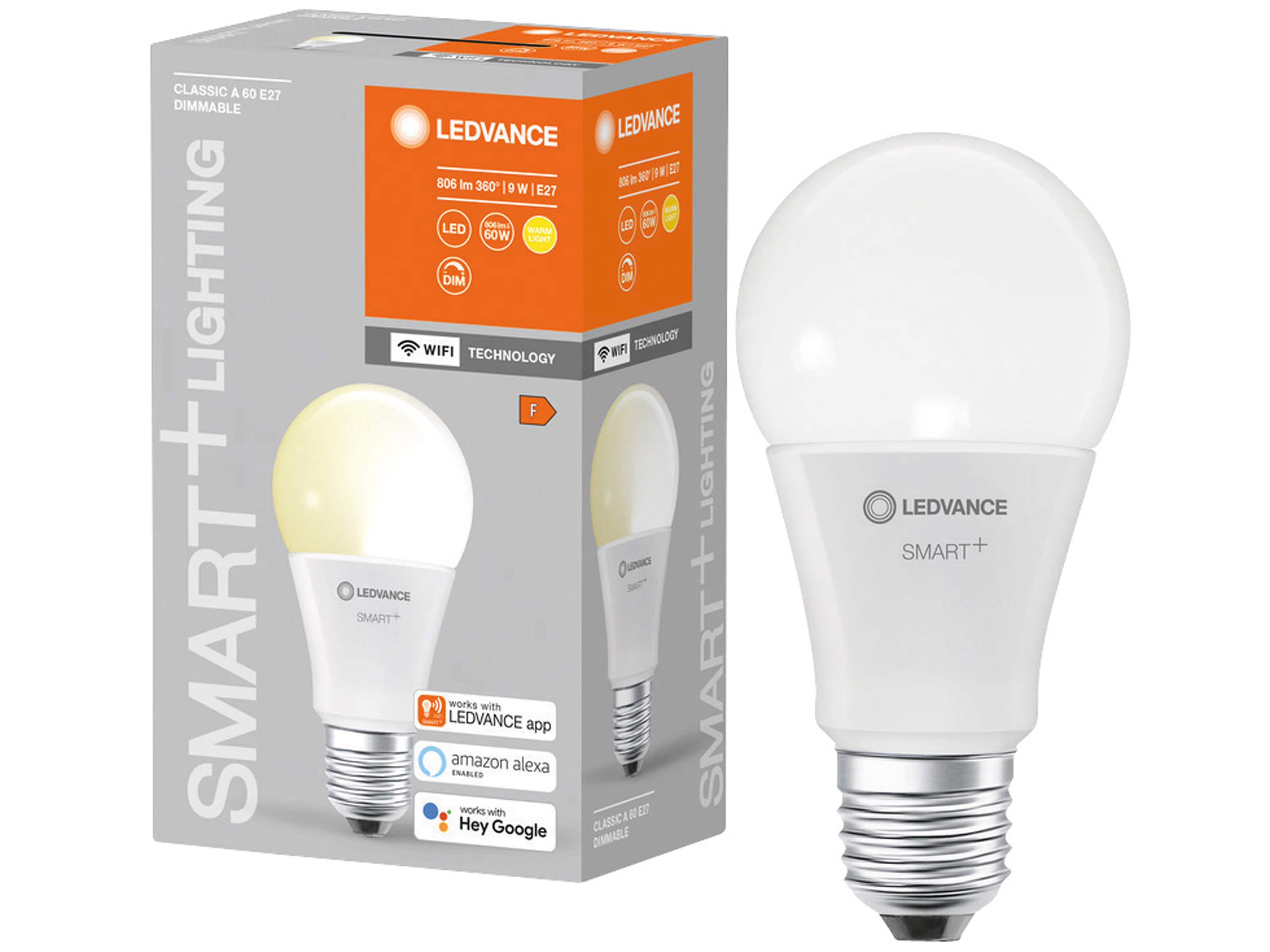 LEDVANCE LED-Lampe SMART+ WiFi Classic, A60, E27, EEK: F, 9 W, 806 lm, 2700 K, Smart