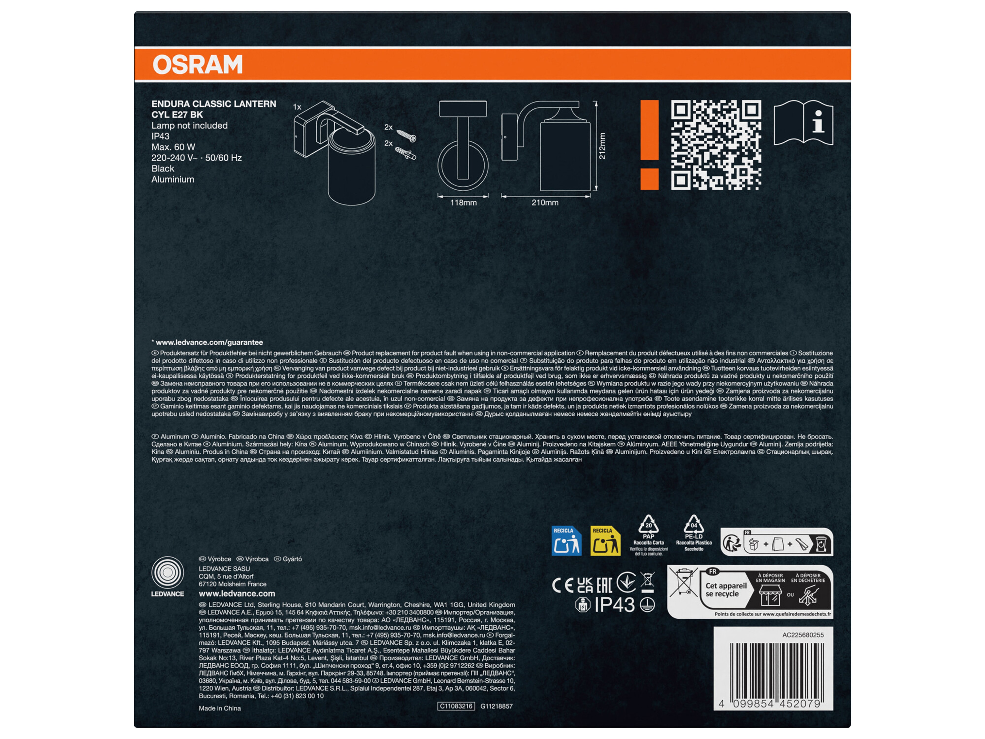 OSRAM LED-Außenwandleuchte, Endura Classic Lantern Cylinder, E27, IP43, schwarz