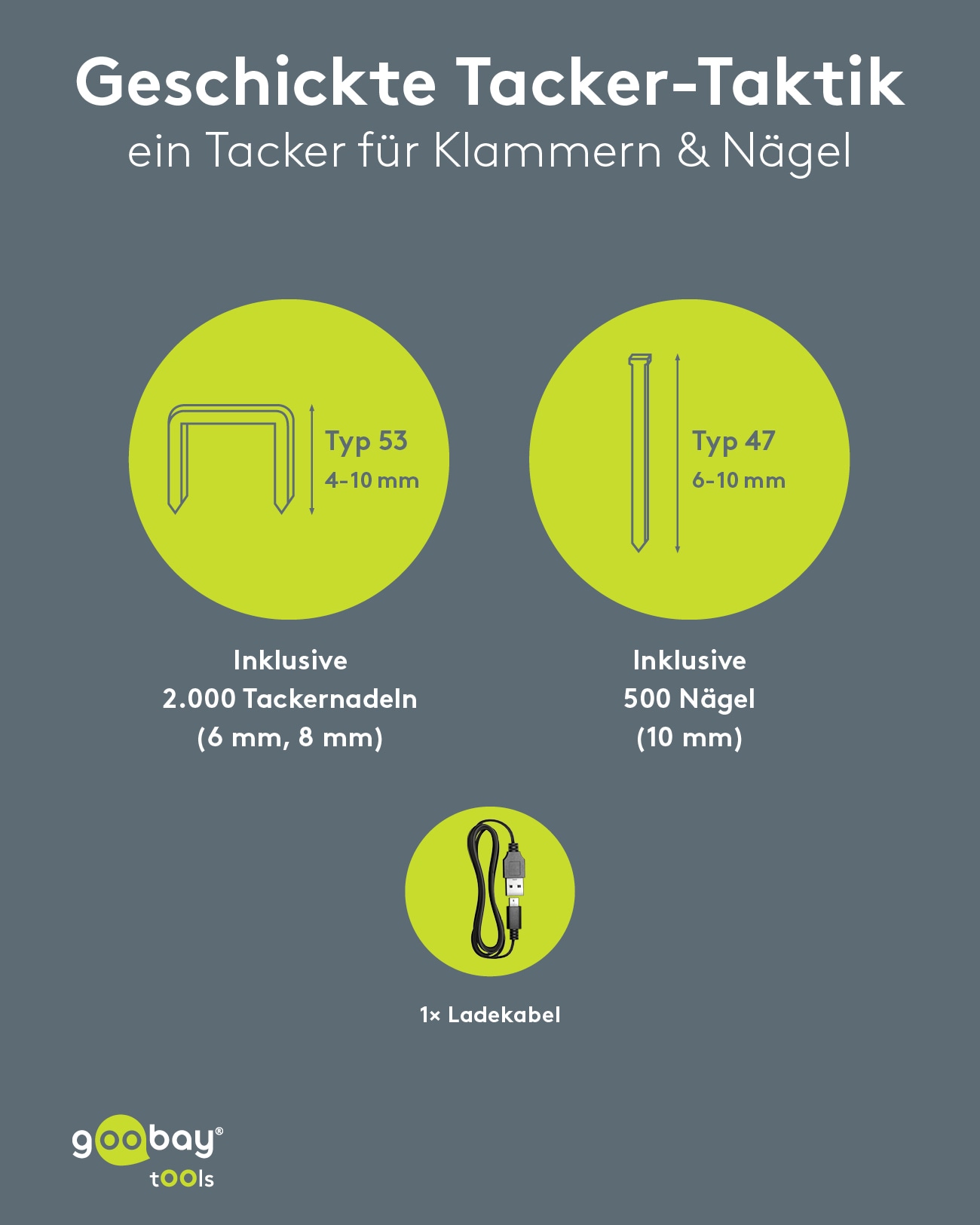 GOOBAY TOOLS 2in1 Akku-Tacker, 77819, mit 2.000 Tackernadeln und 500 Nägeln