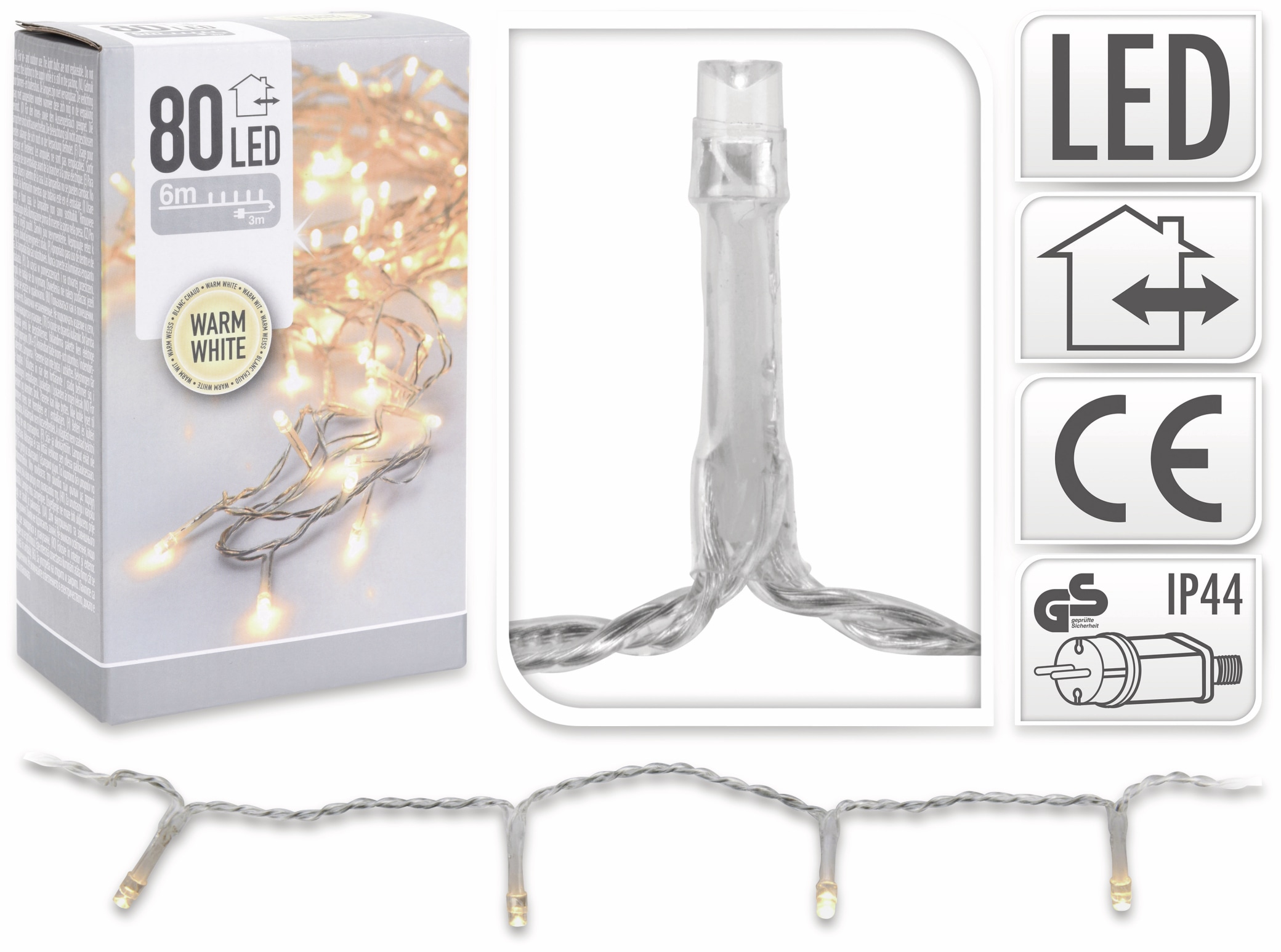 LED-Lichterkette, 80 LEDs, warmweiß, 230V~, IP44, Innen/Außen, Kabelfarbe silber/transparent LED-Lichterkette, 80 LEDs, warmweiß, 230V~, IP44, Innen/Außen, Kabelfarbe silber/transparent