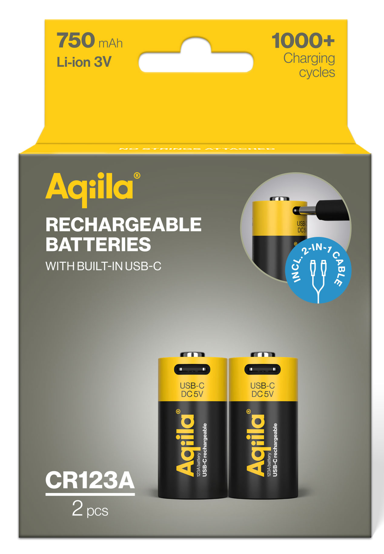 Li-lon-Akku AQILLA, CR123A, USB-C, 3 V, 2er Pack