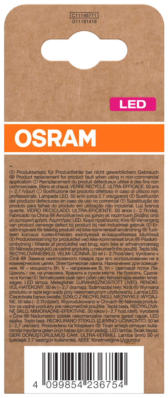 OSRAM LED-Lampe, Kolbenform, E27, 3,8 W, 2700 K, EEK: A, 806 lm, warmweiß