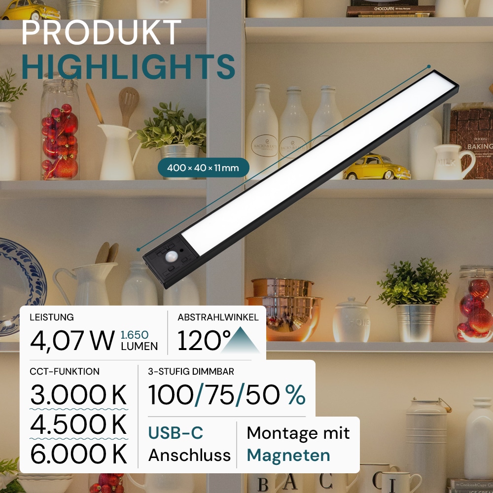 LUXULA LED-Schrankleuchte mit Bewegungsmelder, 4,07W, 1650lm, CCT, IP20, schwarz, 60cm