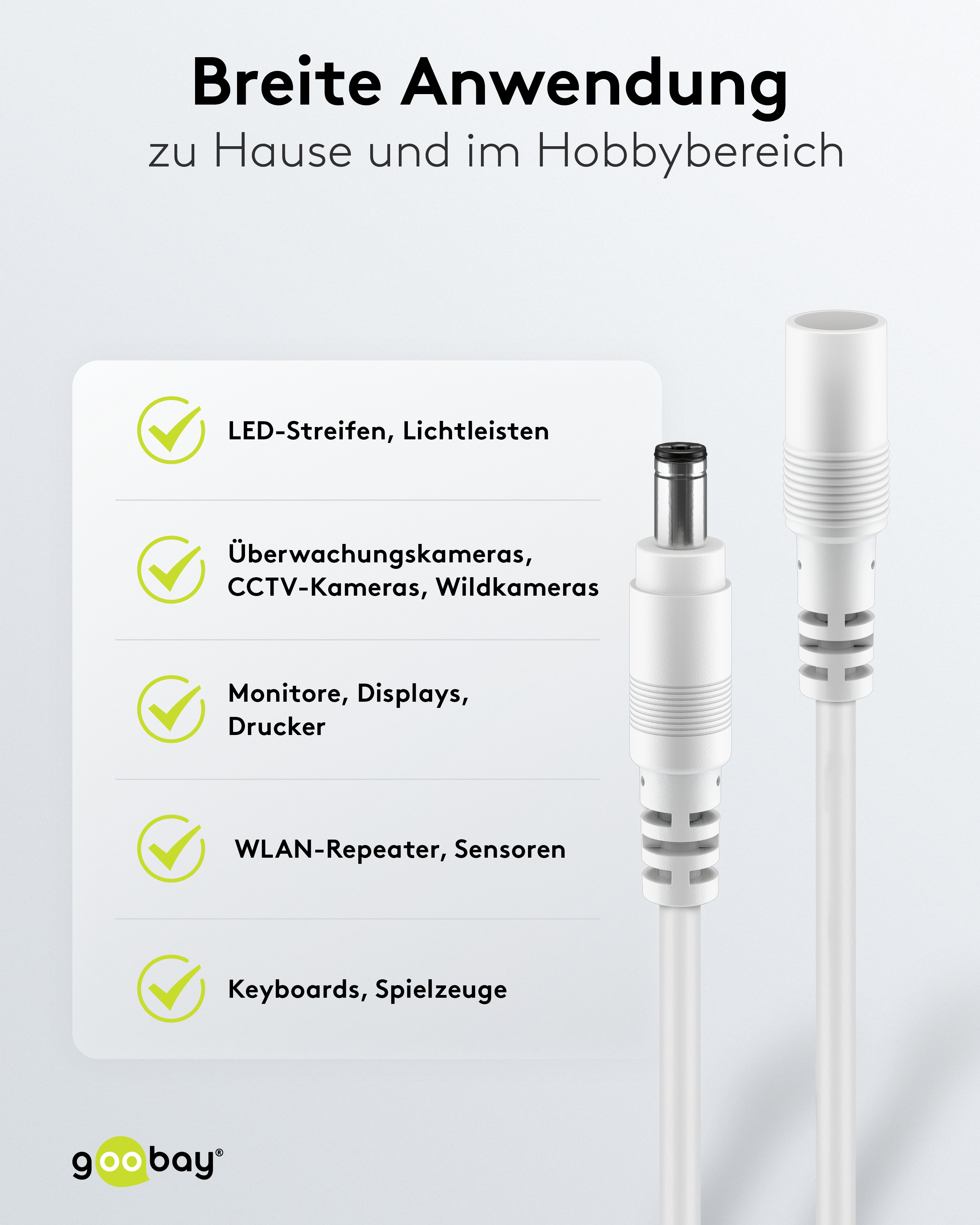GOOBAY DC-Adapterkabel 2,5 mm, DC-Stecker auf DC-Kupplung, schwarz, 5 m