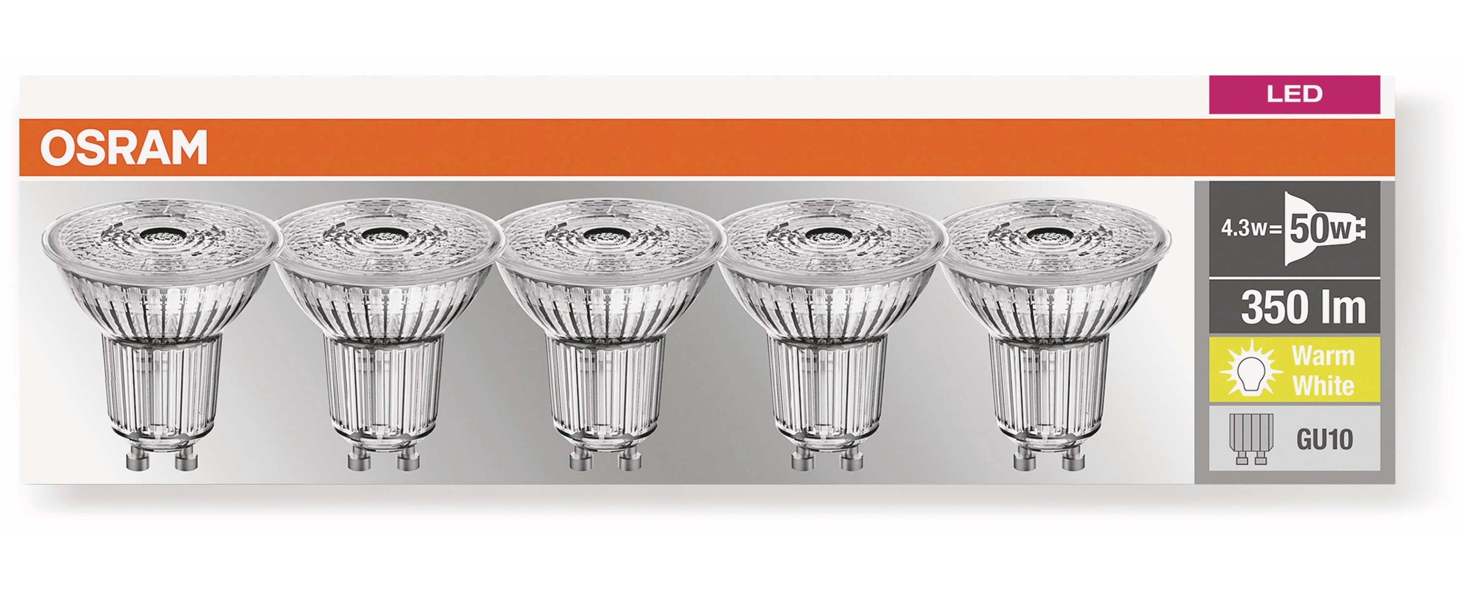 OSRAM LED-Lampe LED BASE PAR16, GU10, EEK F, 4,3 W, 350 lm, 2700 K, 5 Stk. OSRAM LED-Lampe LED BASE PAR16, GU10, EEK F, 4,3 W, 350 lm, 2700 K, 5 Stk.