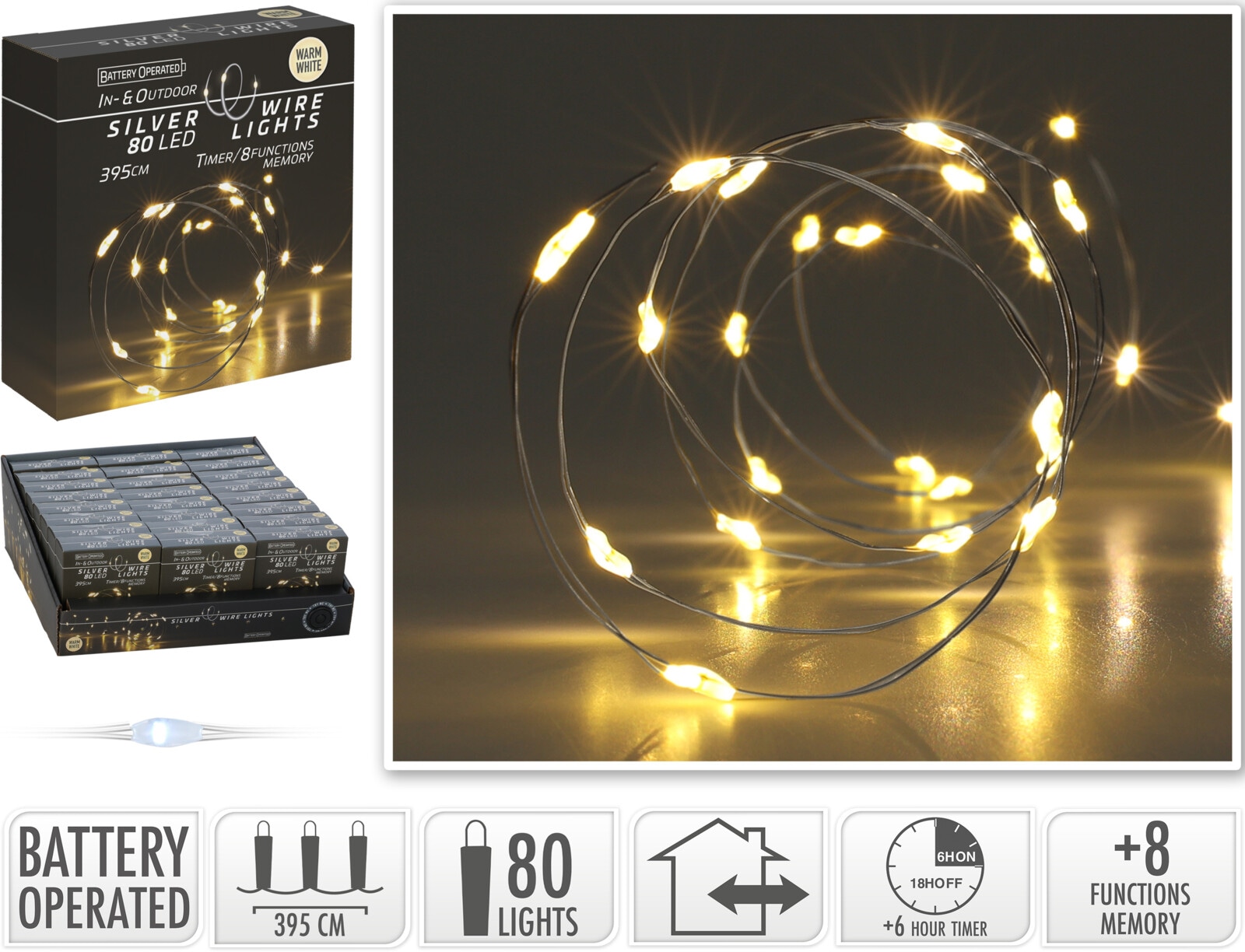 KOOPMAN LED-Lichterkette warmweiß, Batteriebetrieben, 80 LEDs, Silberdraht, Innen/Außen, 3,95m