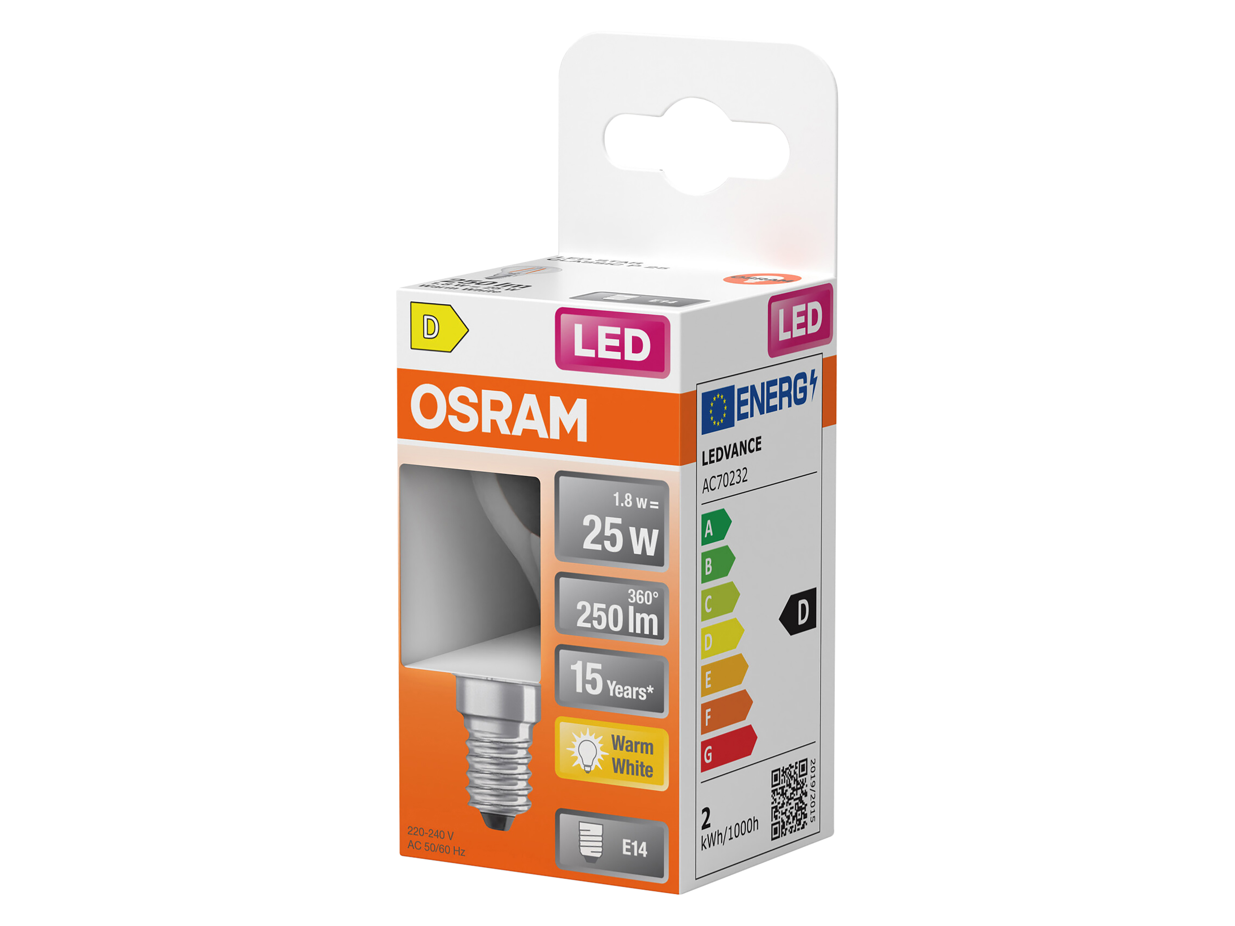 OSRAM LED-Lampe Retrofit, 1,8 W, E14, 2700 K, EEK: D, 250 lm, IP20, warmweiß