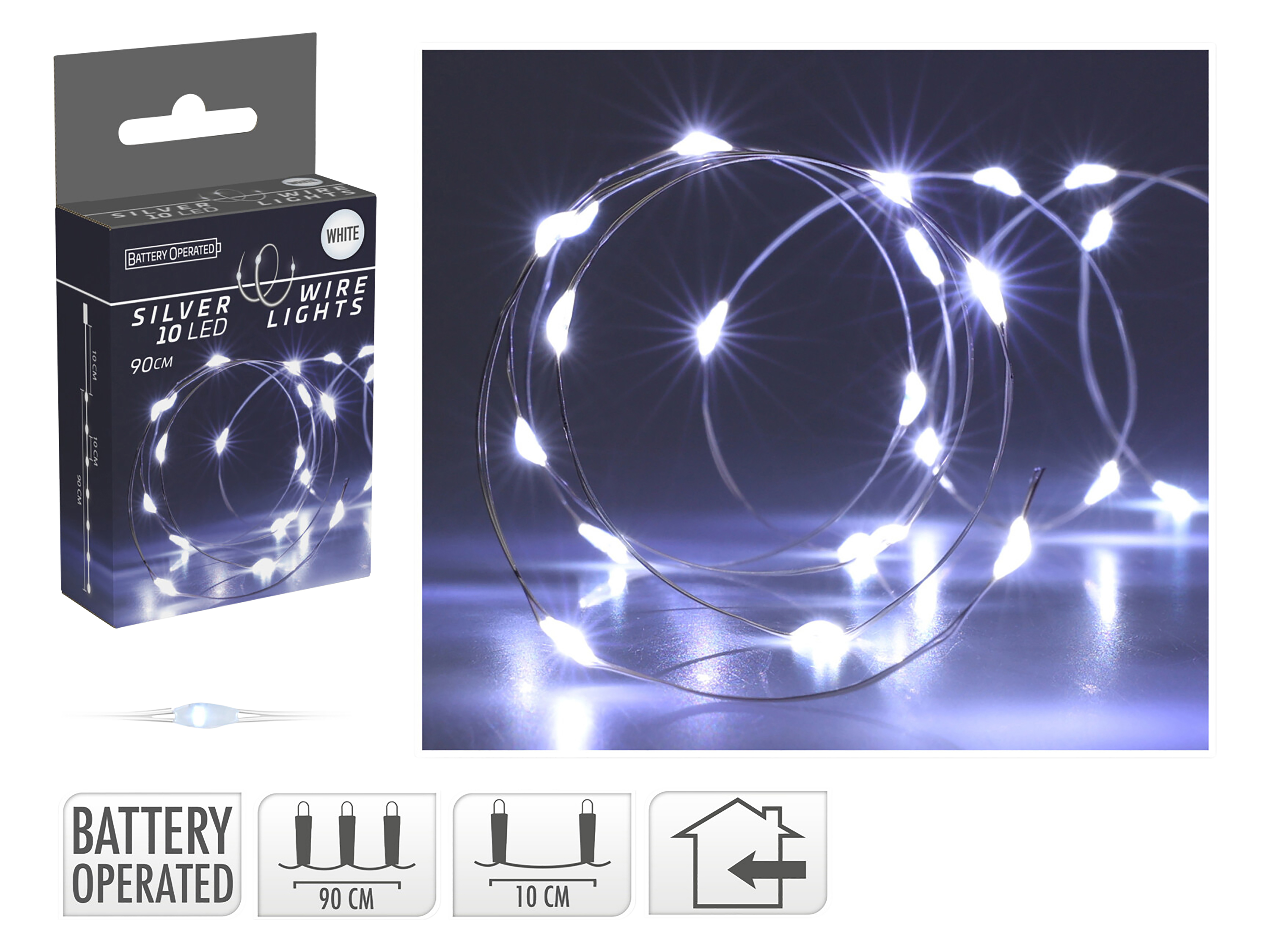 LED-Lichterkette, Silberdraht, 10 LEDs, kaltweiß, Batteriebetrieb