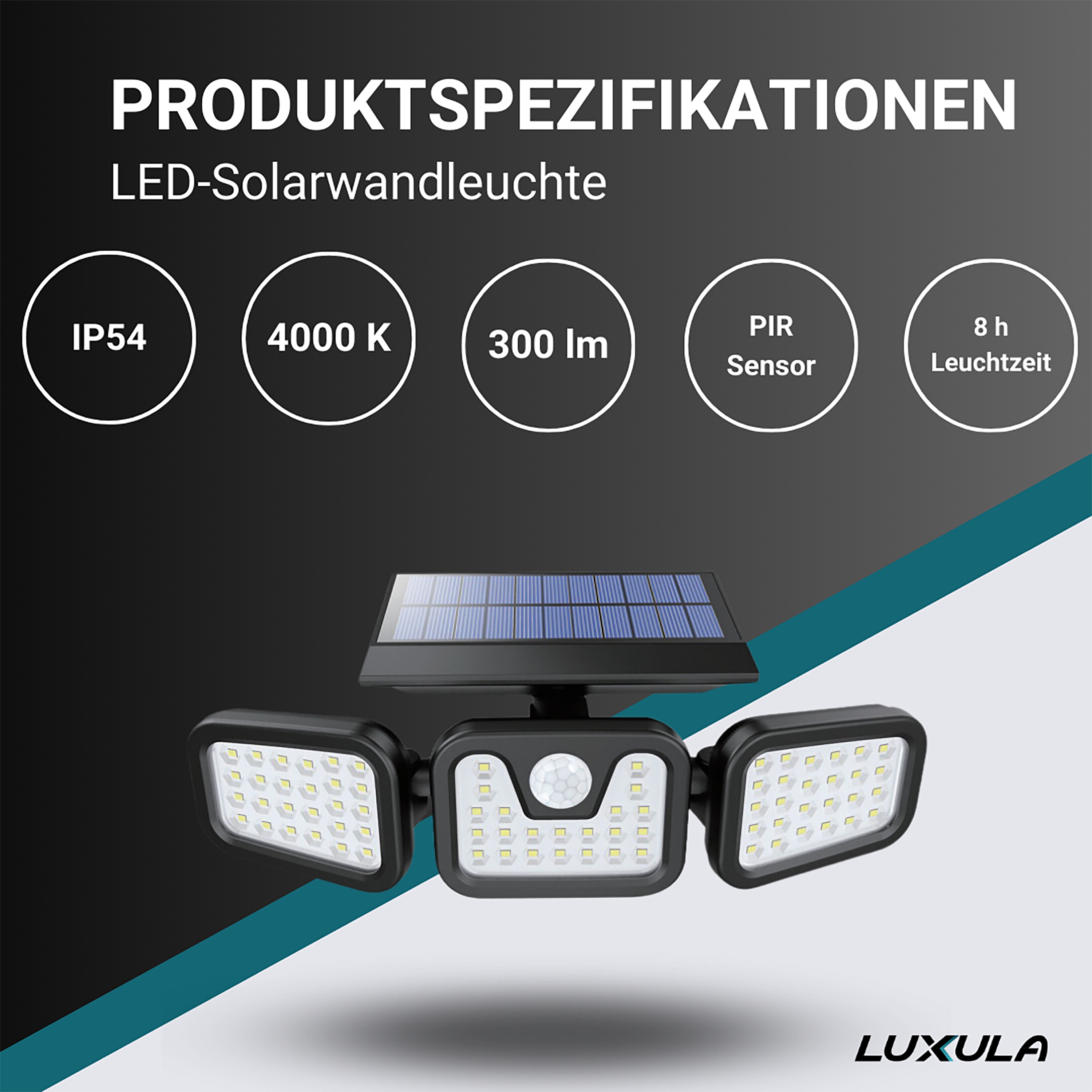 LUXULA Solar-LED Wandleuchte LXSO700126, PIR-Sensor, 4000K, IP54