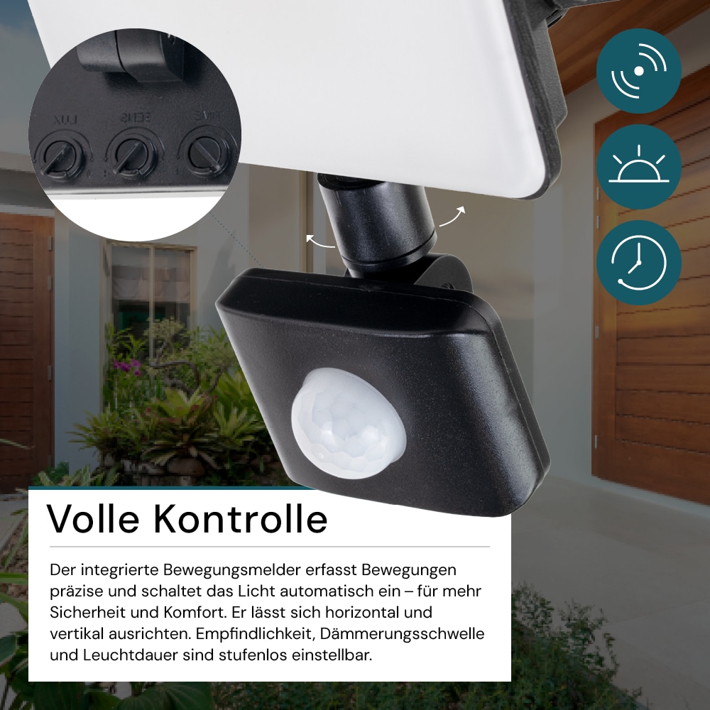 LUXULA LED-Fluter mit Bewegungsmelder, 10W, 1000lm, 4000K, Weiß, IP44, 120° Erfassungswinkel