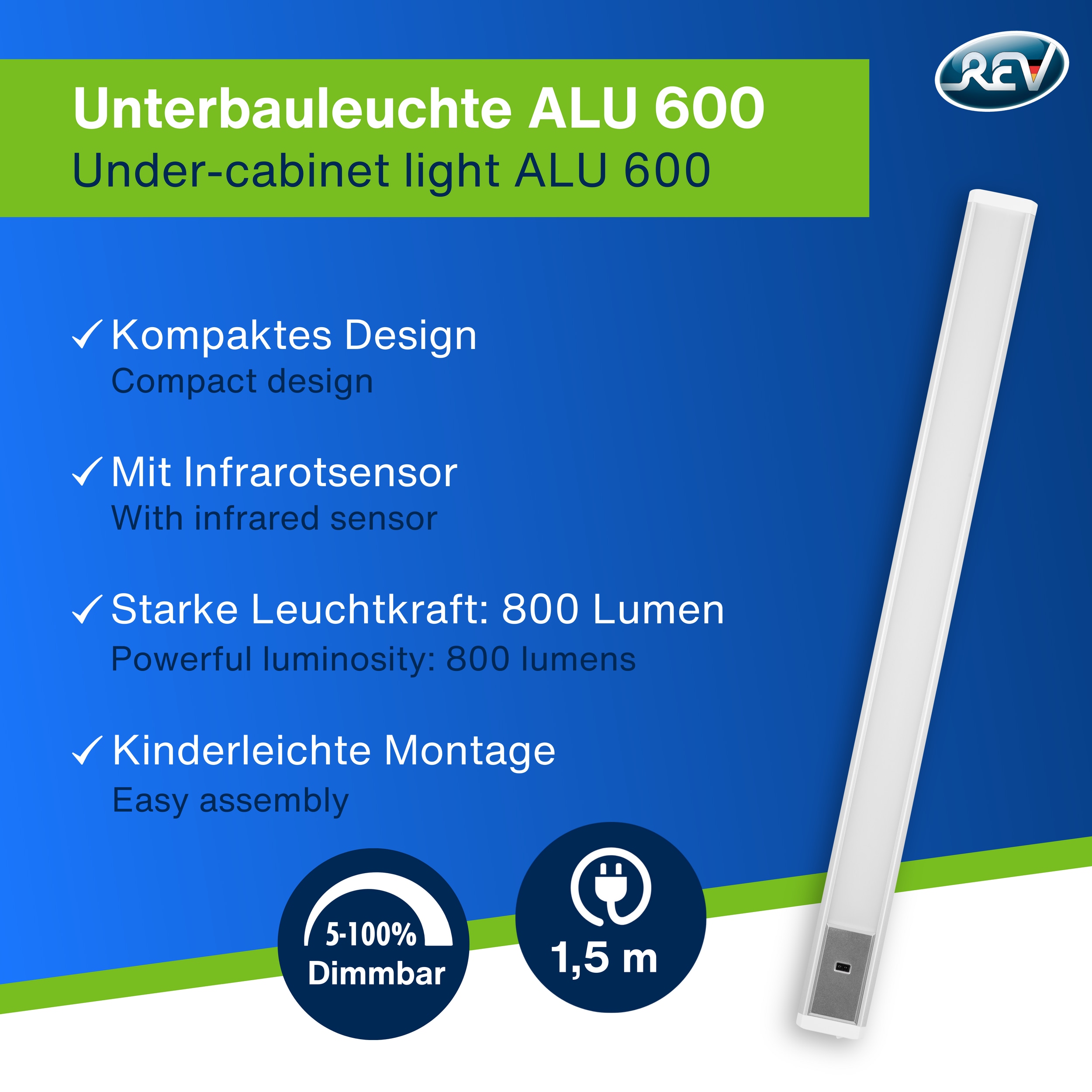REV LED-Unterbauleuchte Alu, 10W, 3000K, 800lm, warmweiß, IP20, 60 cm