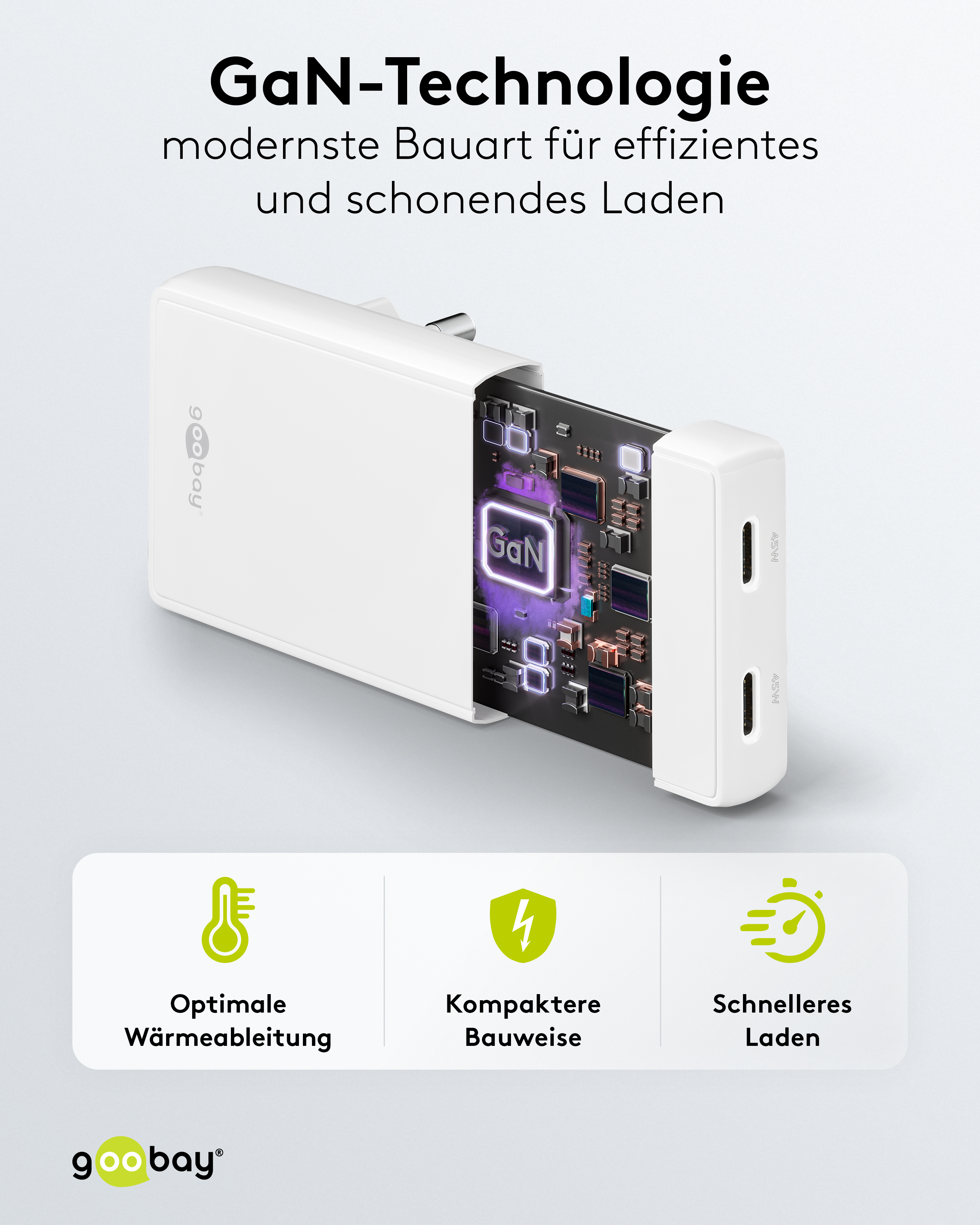 GOOBAY Dual-Schnellladegerät, 45W, 2x USB-C, 90° abgewickelt, flach, weiß