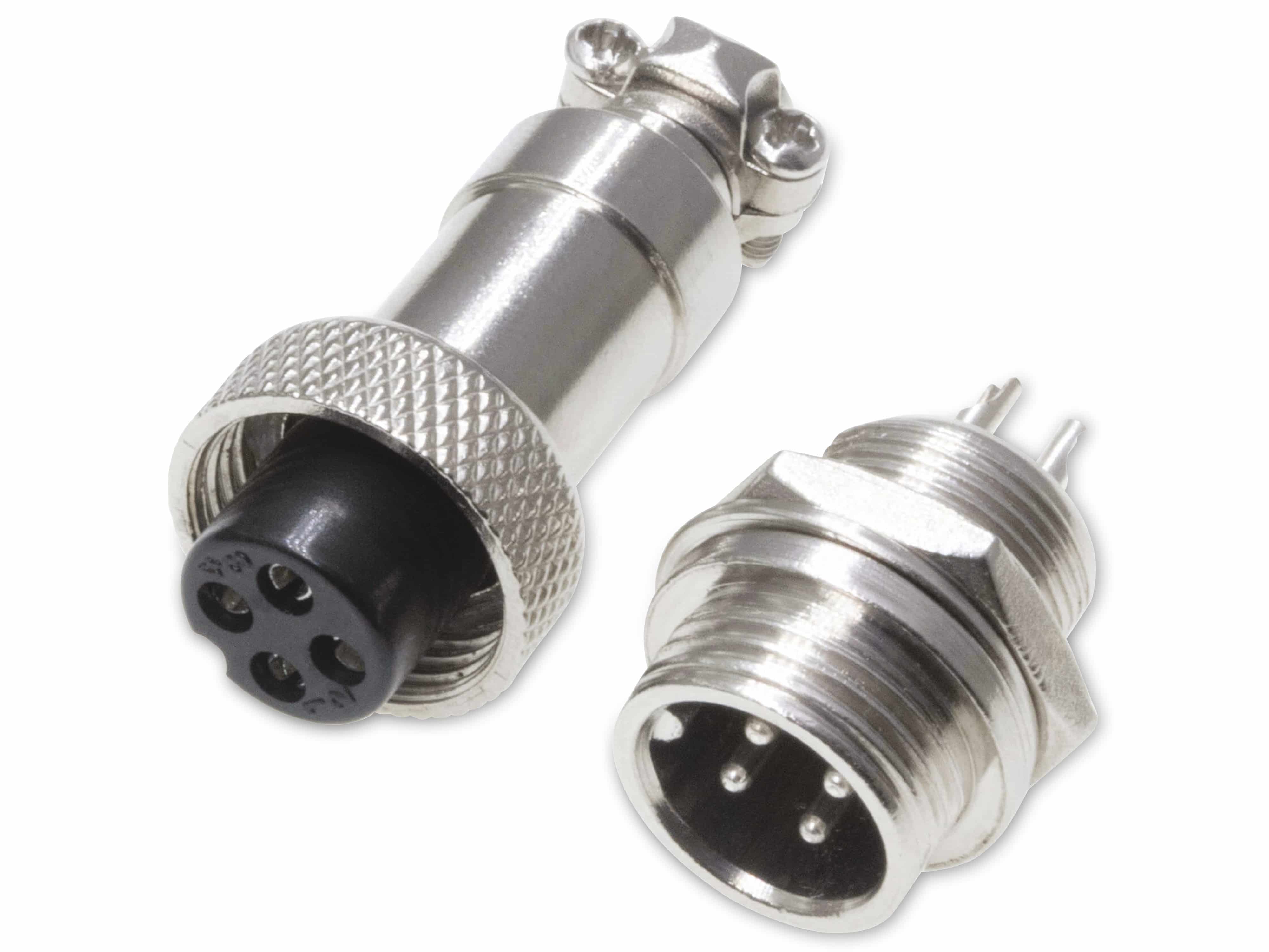 Rundsteckverbinder, 4-polig, 60V, 2A, Lötanschluss, IP55, wire to panel, 1 Stecker + 1 Buchse