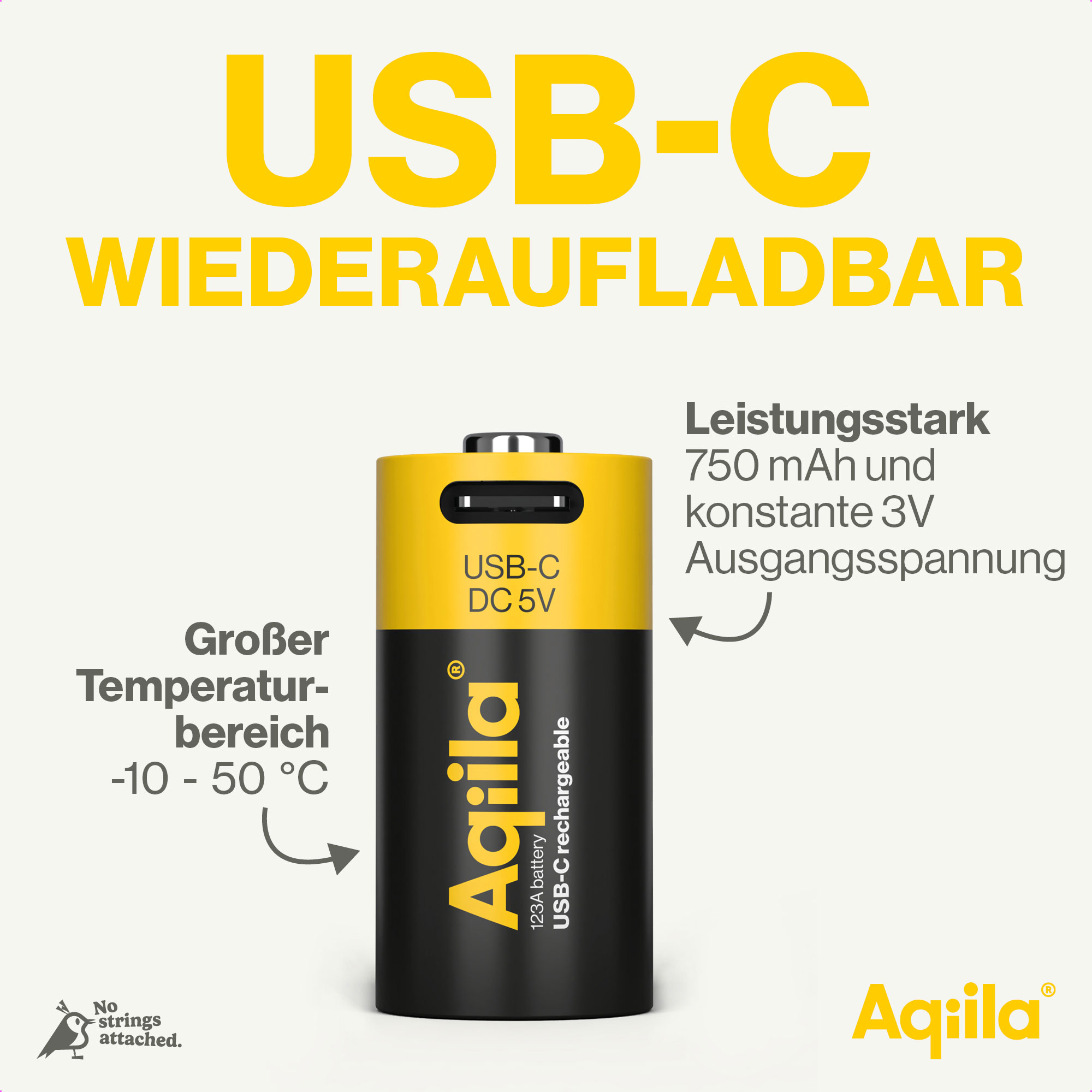 Li-lon-Akku AQILLA, CR123A, USB-C, 3 V, 2er Pack