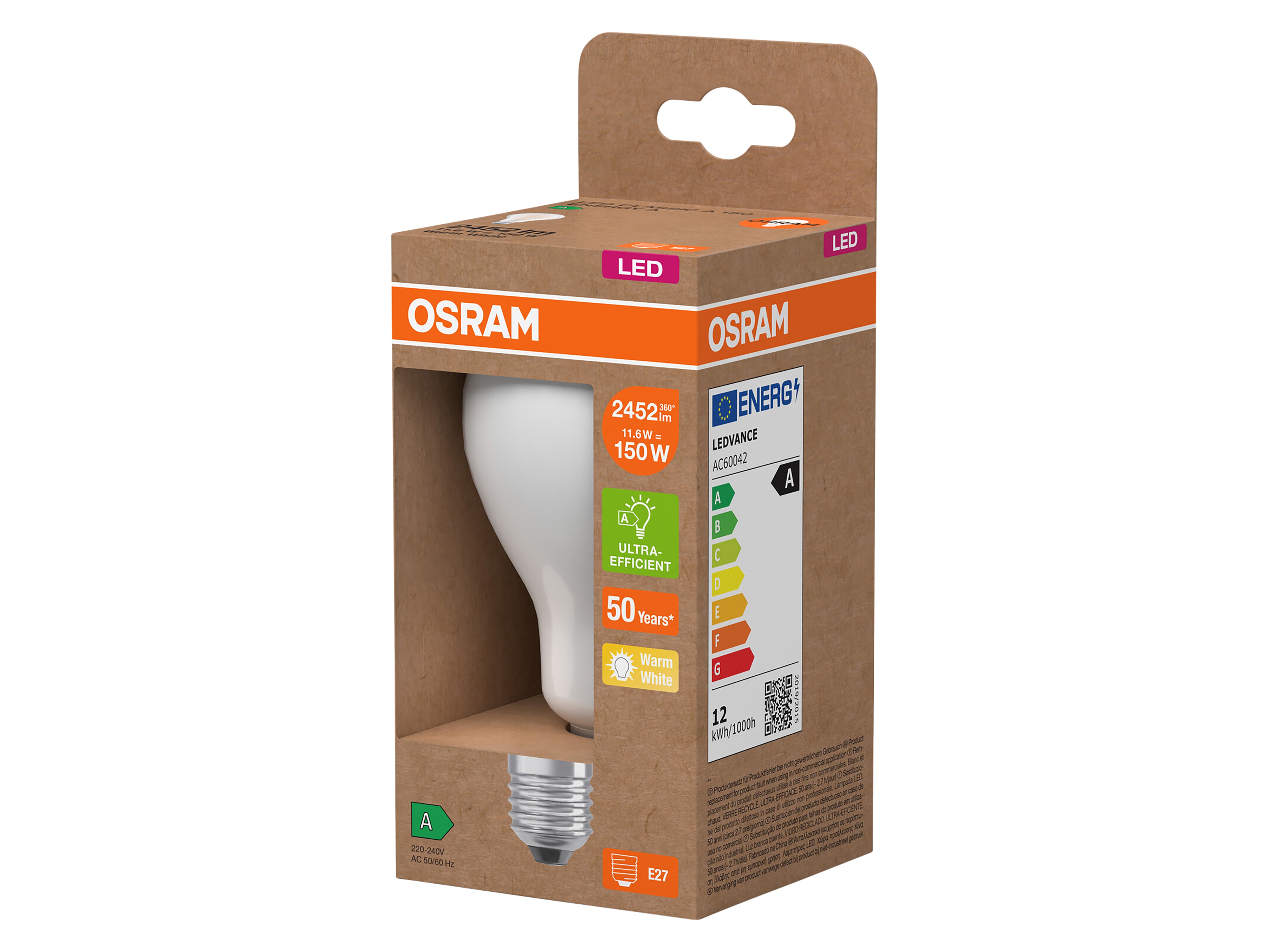 OSRAM LED-Lampe in Kolbenform, E27, 11,6W, 2700K, EEK: A, 2452lm, warmweiß