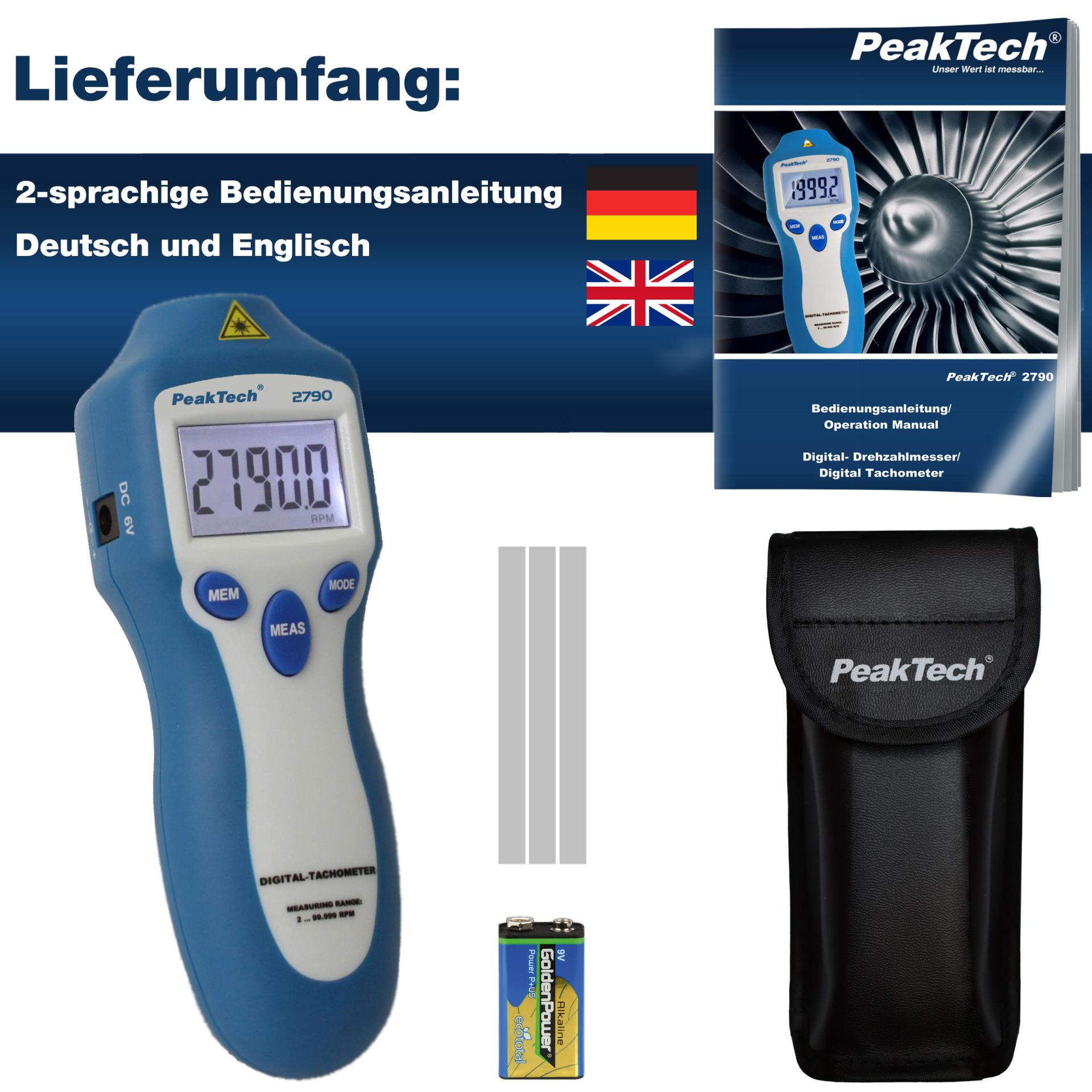 PEAKTECH Drehzahlmessgerät P 2790, 5-stellig, 1... 99.999 rpm