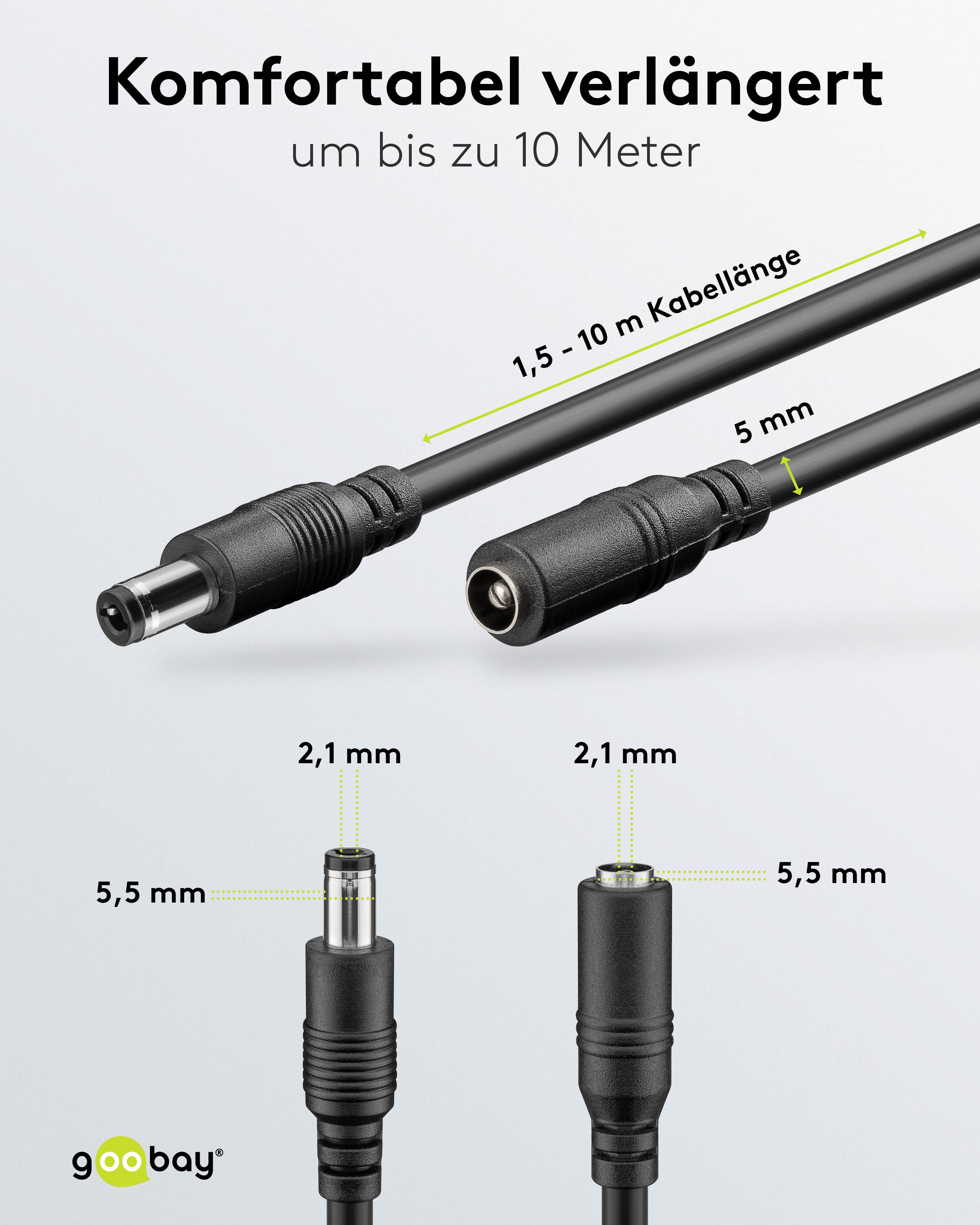 GOOBAY DC-Adapterkabel 2,1 mm, DC-Stecker auf DC-Kupplung, schwarz, 5 m
