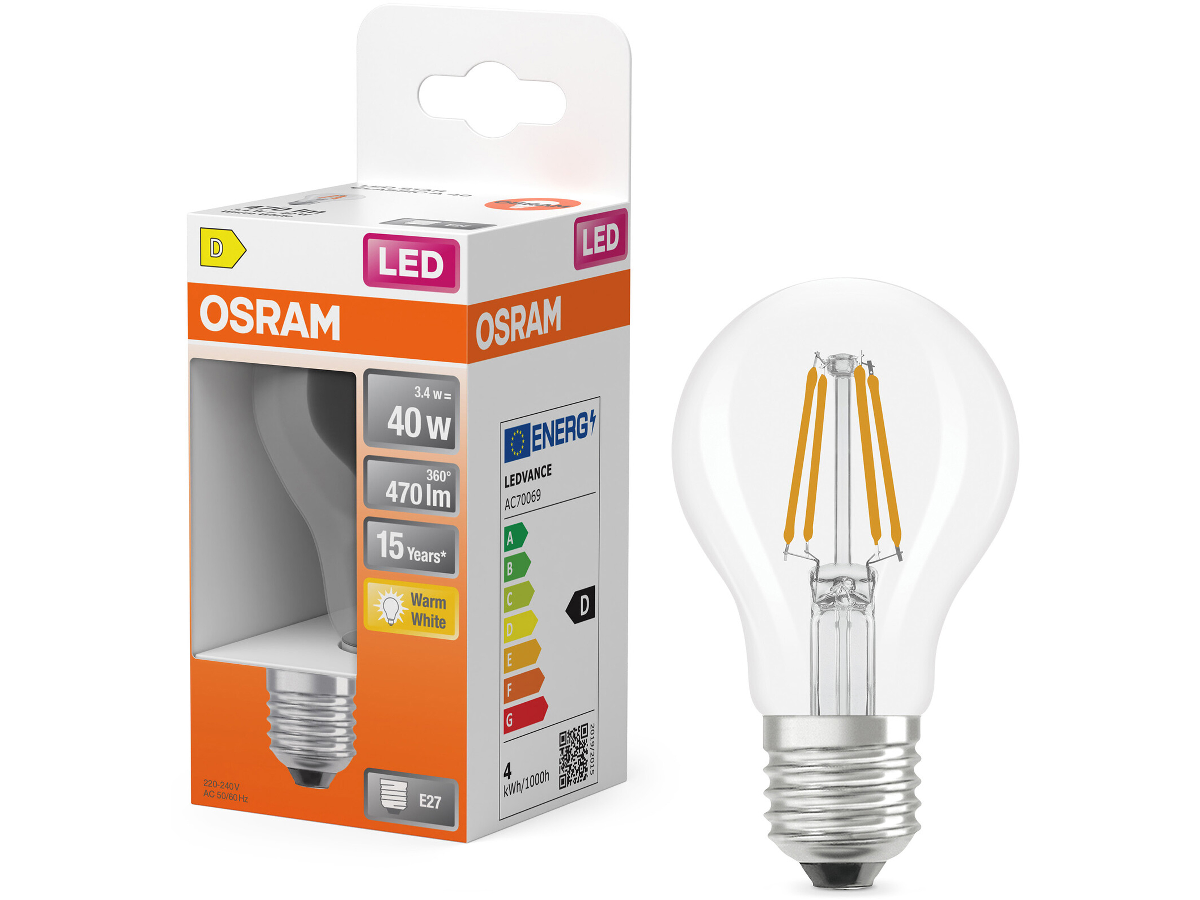OSRAM LED-Lampe Retrofit, 3,4 W, E27, 2700 K, EEK: D, 470 lm, IP20, warmweiß