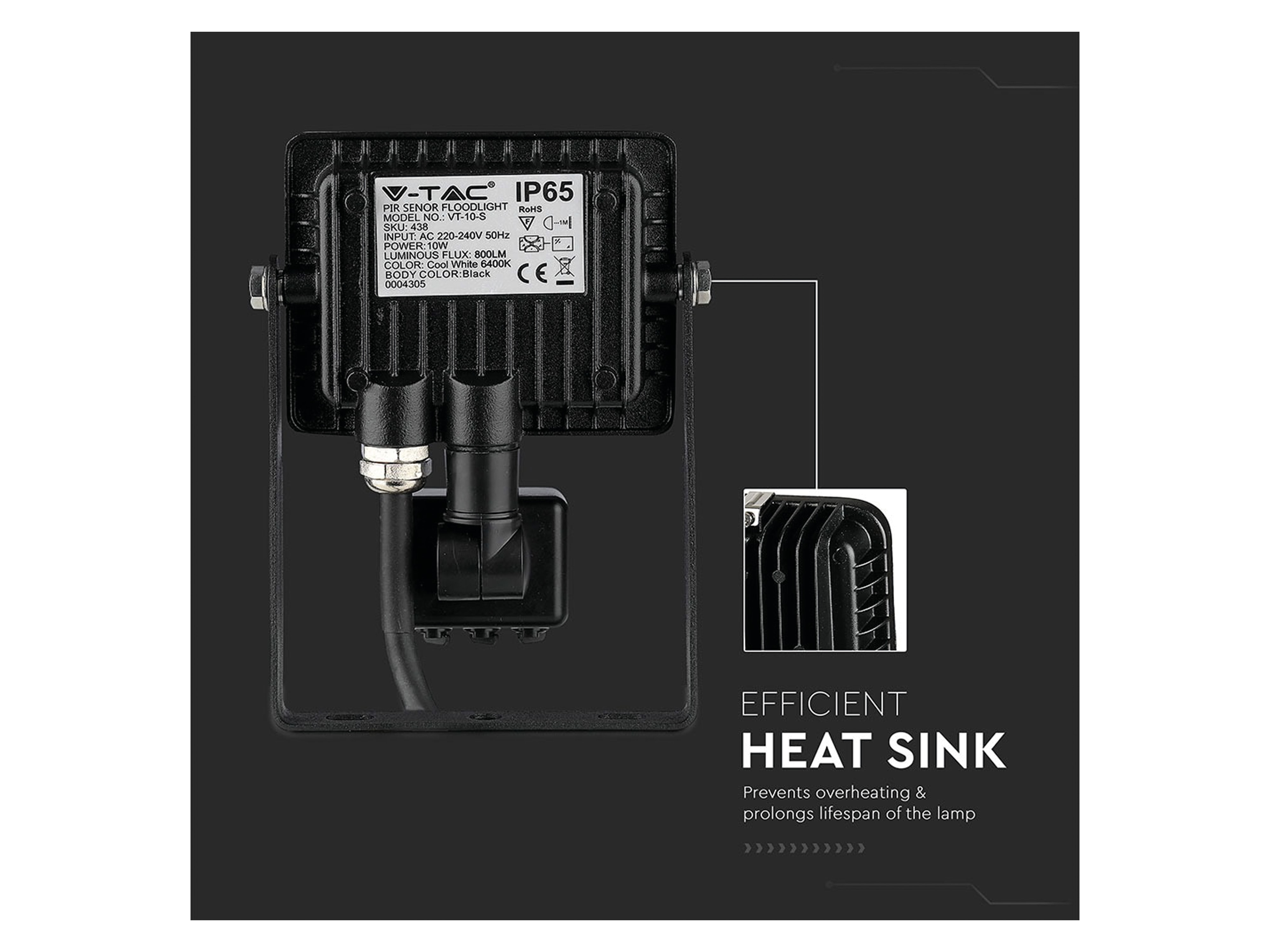 V-TAC LED-Fluter mit Bewegungsmelder VT- 10-S-B, EEK: F, 10 W, 800lm, 3000K, schwarz V-TAC LED-Fluter mit Bewegungsmelder VT- 10-S-B, EEK: F, 10 W, 800lm, 3000K, schwarz