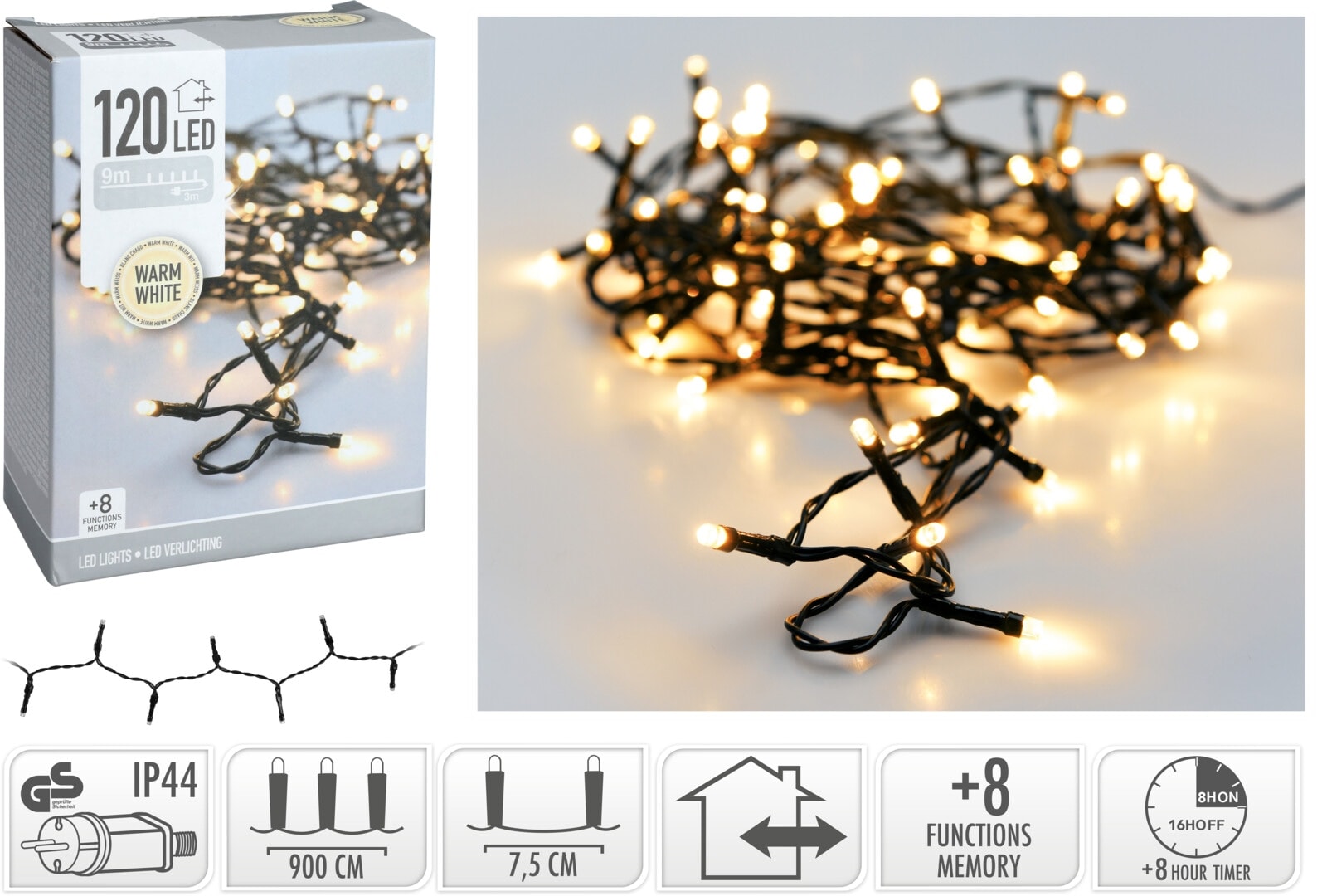 LED-Lichterkette warmweiß, 120 LEDs, Grünes Kabel, Innen/Außen, 12m KOOPMAN LED-Lichterkette warmweiß, 120 LEDs, Grünes Kabel, Innen/Außen, 12m