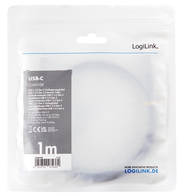 LOGILINK USB3.2 Kabel CUA0108 USB-C M/USB-C F PD Alu 2m schwarz/grau