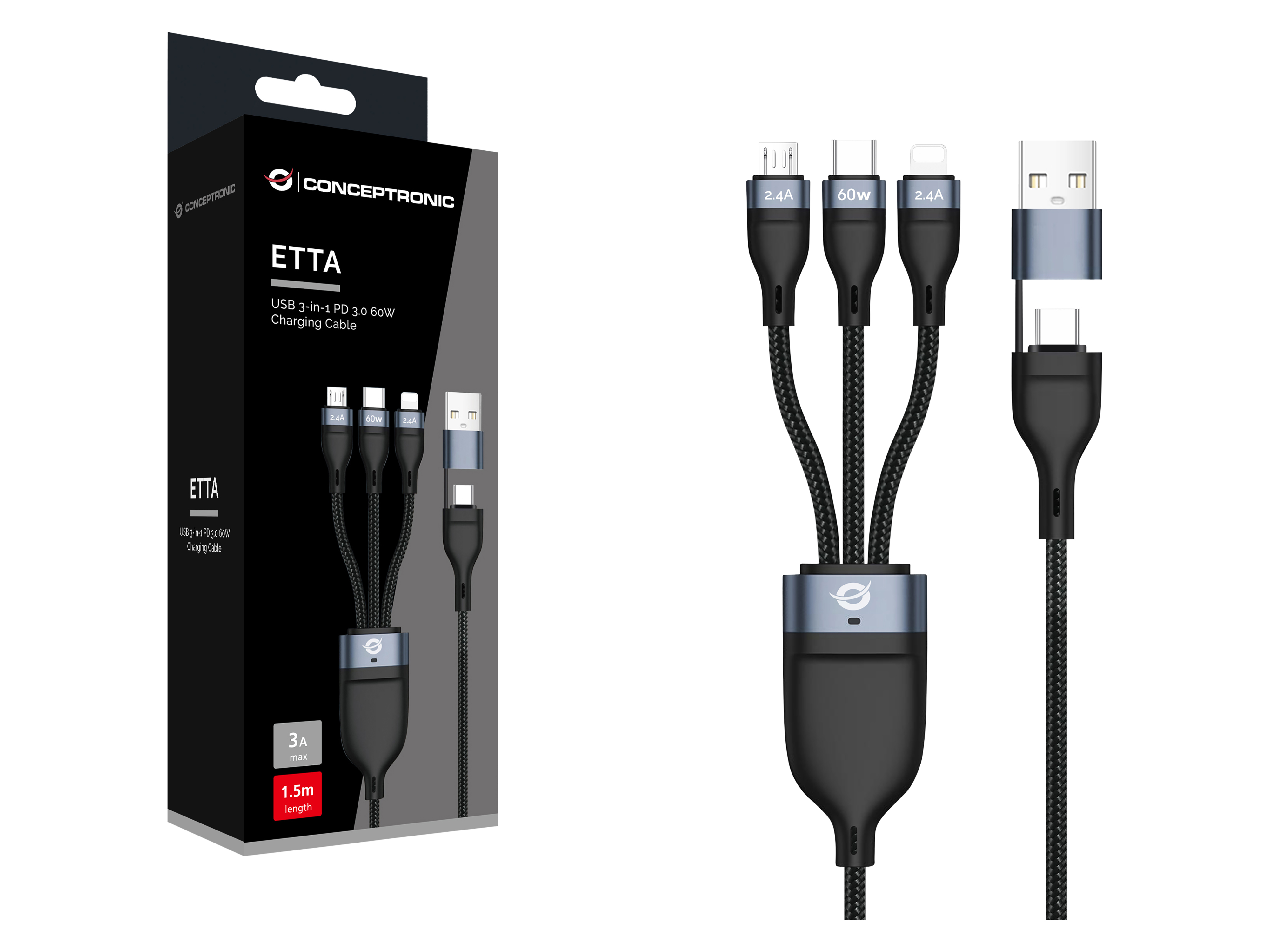 CONCEPTRONIC USB-C Kabel ETTA05B15 60W 1,5m schwarz 3-in-1