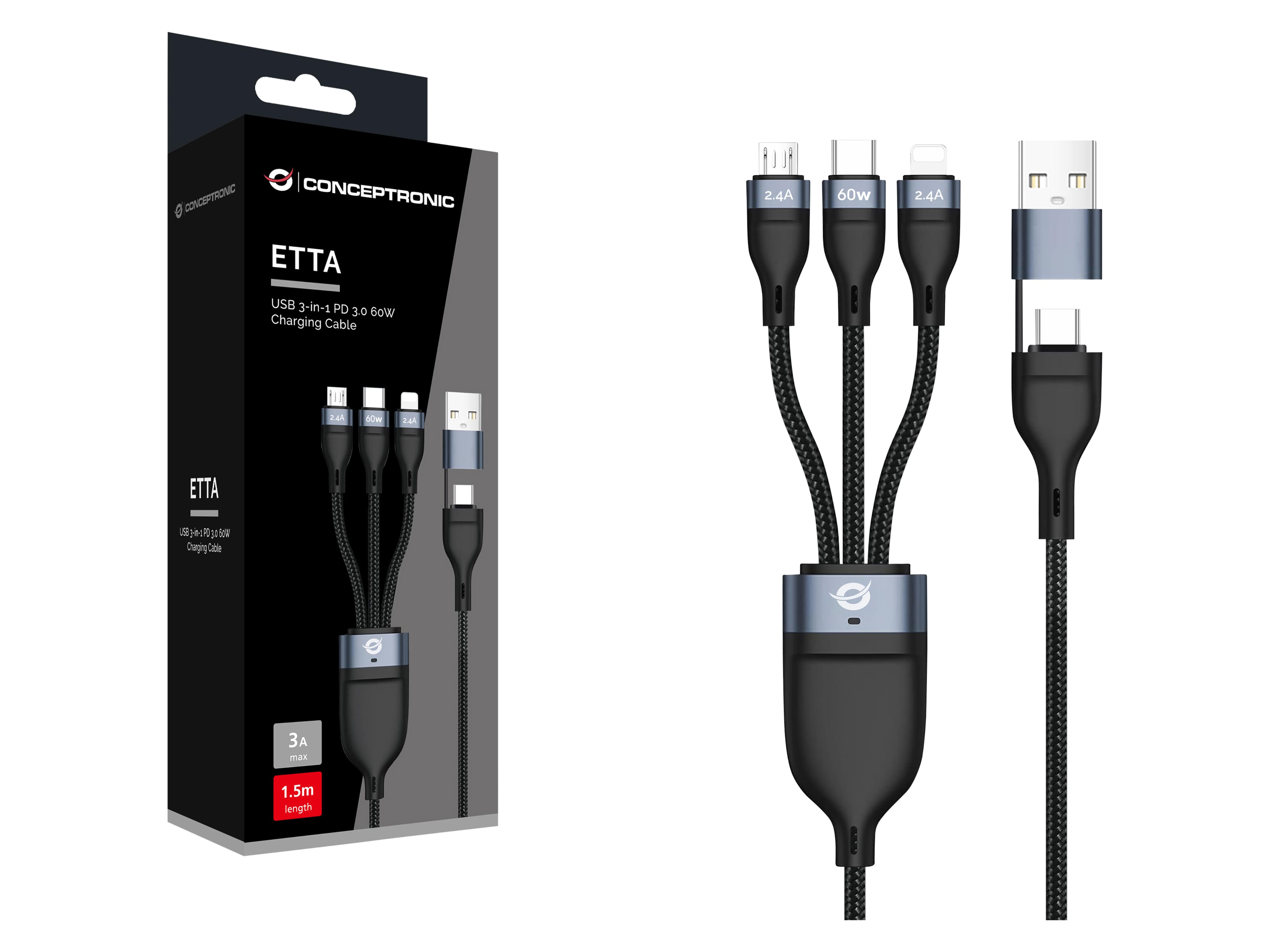 CONCEPTRONIC USB-C Kabel ETTA05B15 60W 1,5m schwarz 3-in-1