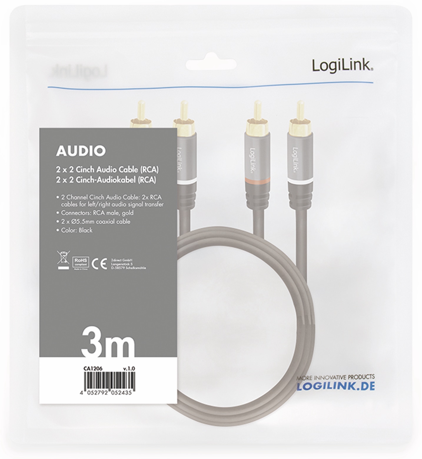 LOGILINK Cinchkabel CA1206, 3 m, 2x2 Cinchstecker, schwarz