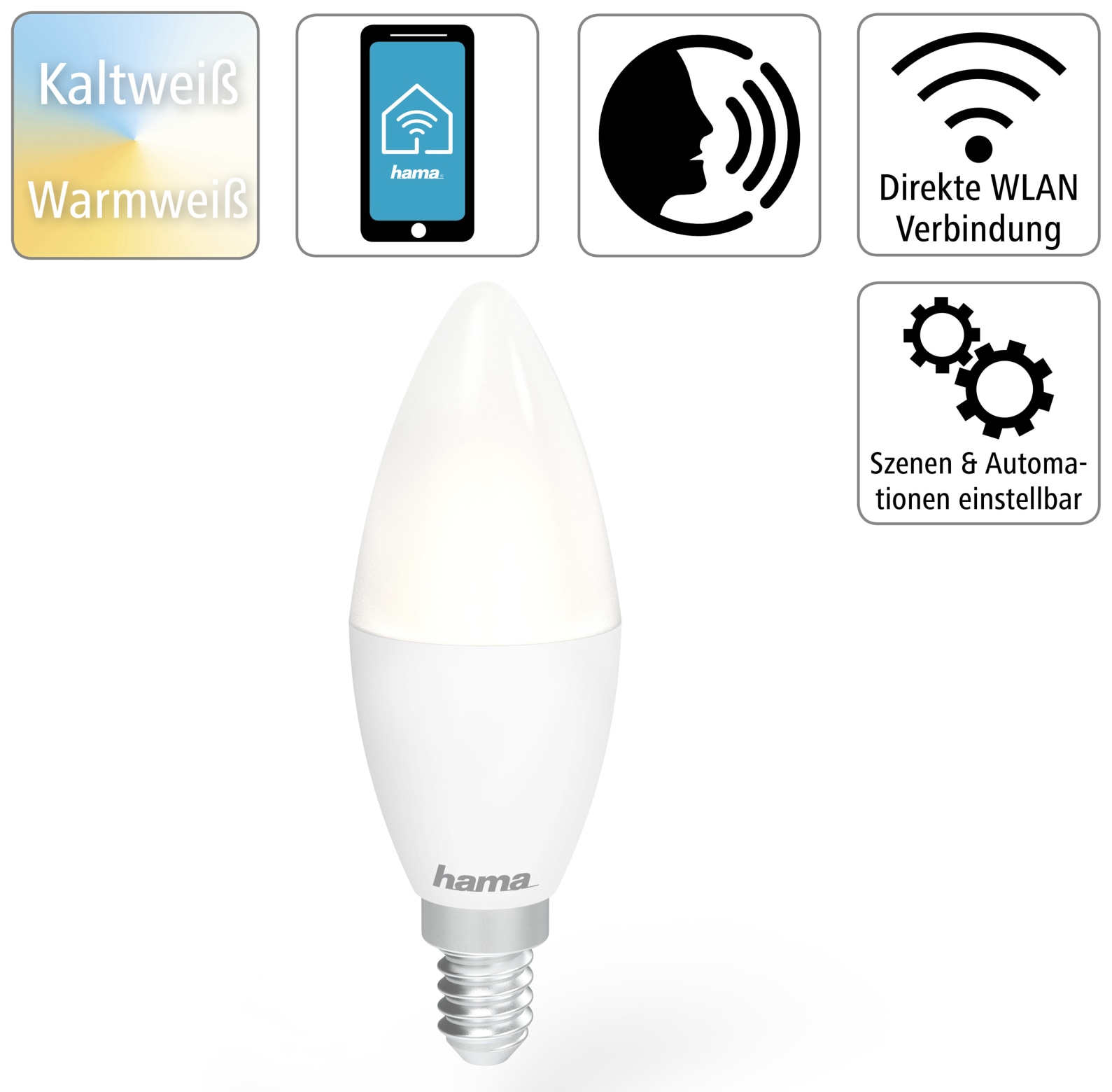 HAMA LED-Lampe, E14, EEK: F, 5,5 W, 470 lm, WLAN, dimmbar