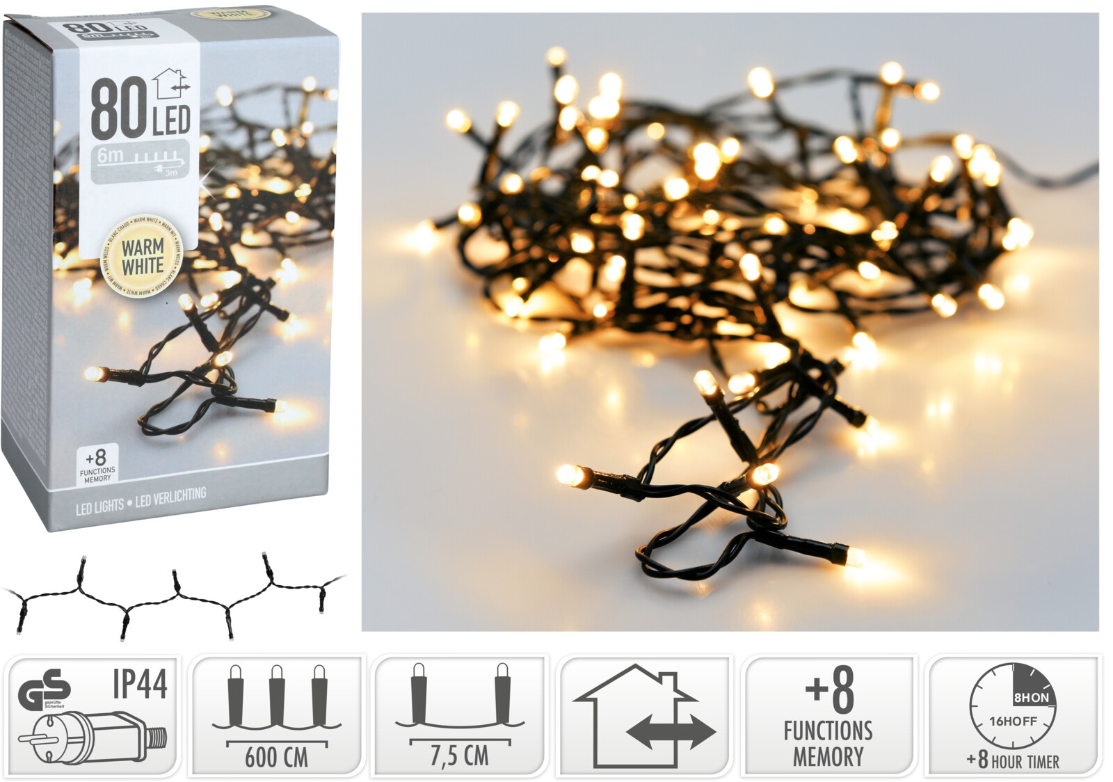 KOOPMAN LED-Lichterkette warmweiß, 80 LEDs, Grünes Kabel, Innen/Außen, 9m