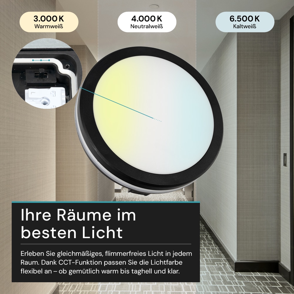 LUXULA LED-Deckenleuchte, 30W, EEK: F, 3000lm, CCT, IP65, schwarz/weiß