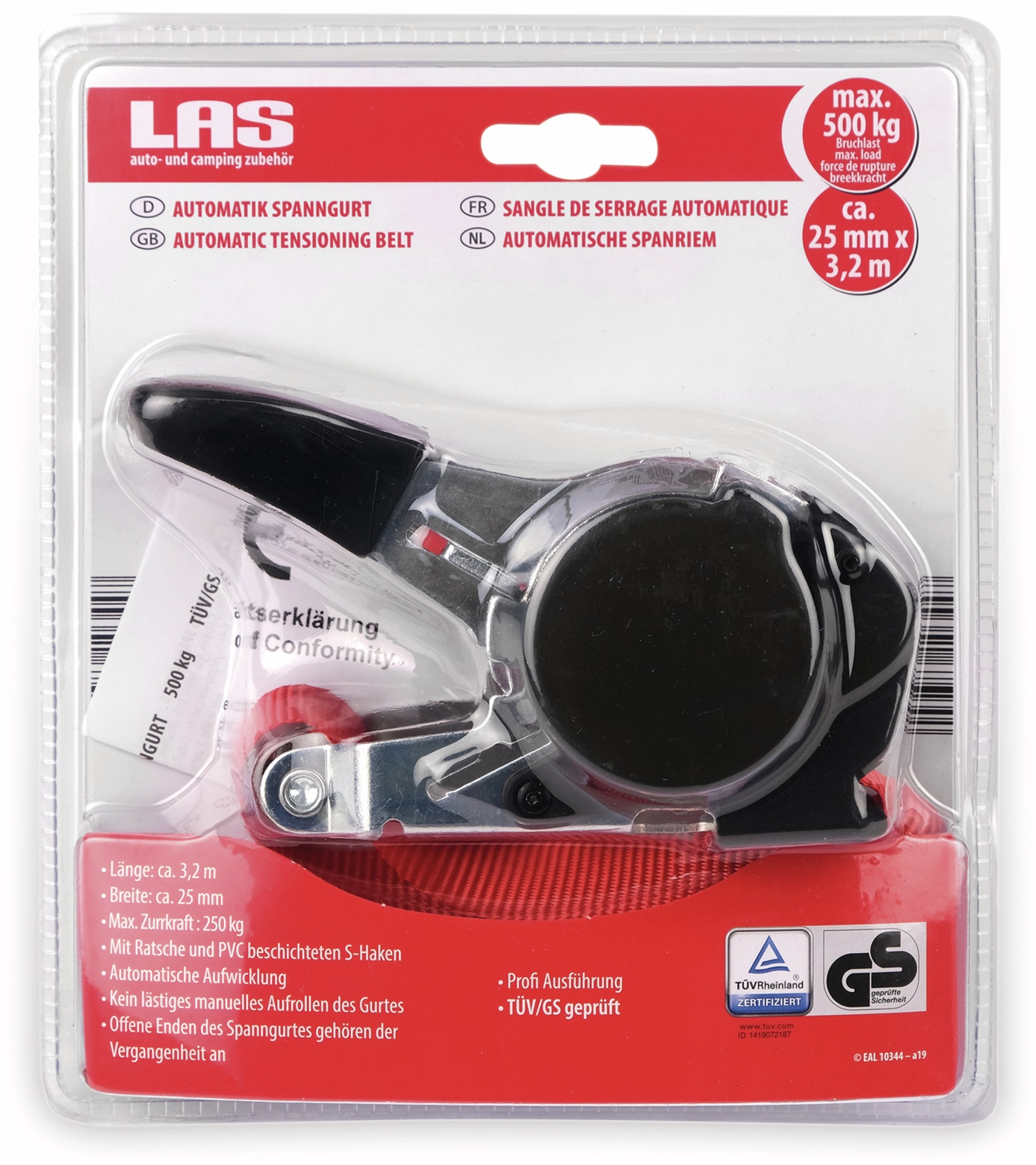 LAS Spanngurt 10344, mit Aufrollautomatik, 250 daN, 3 m