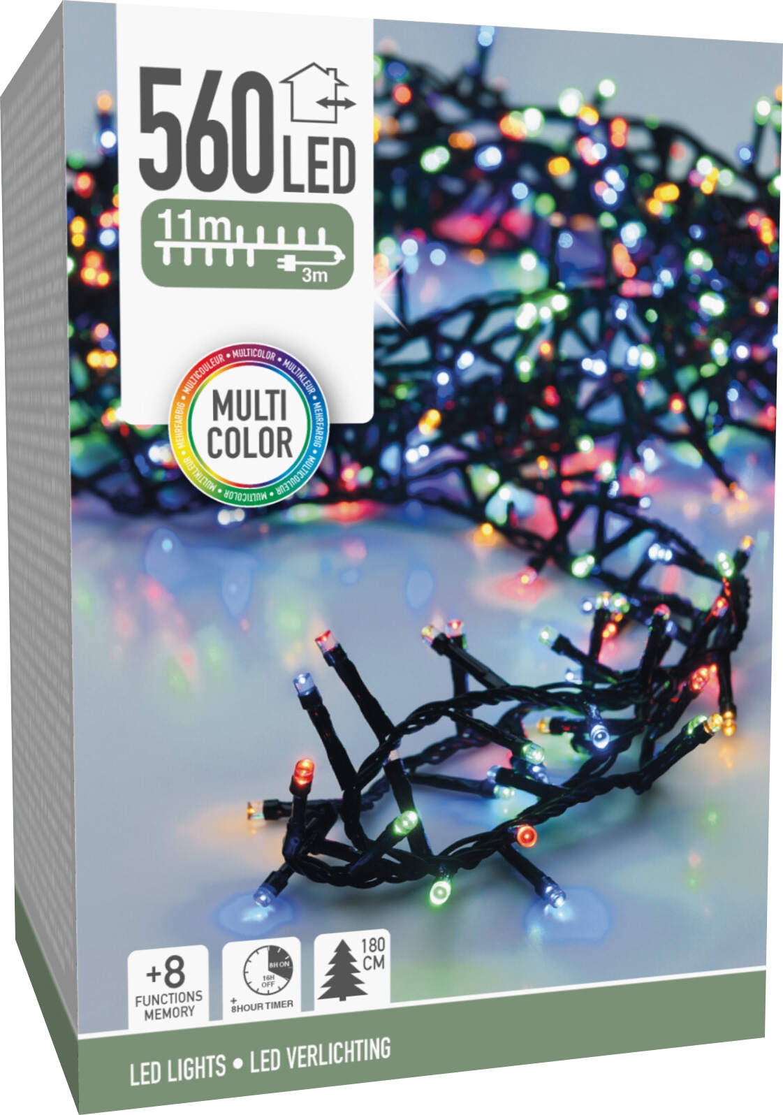 LED-Clusterlichterkette bunt, 560 LEDs, Grünes Kabel, Innen/Außen, 14 m