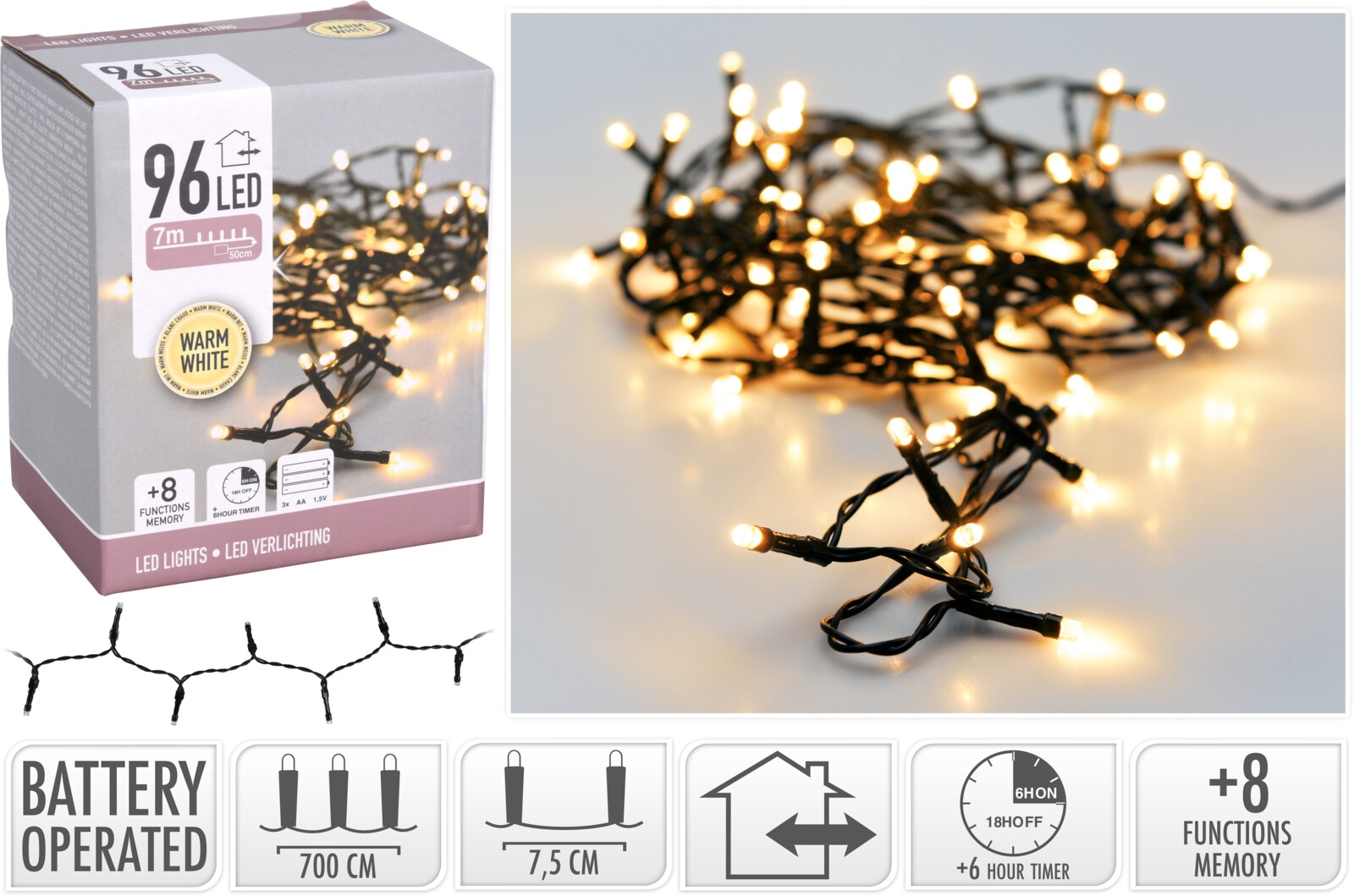 LED-Lichterkette warmweiß, 96 LEDs, schwarzes Kabel, Innen/Außen, 7,50m
