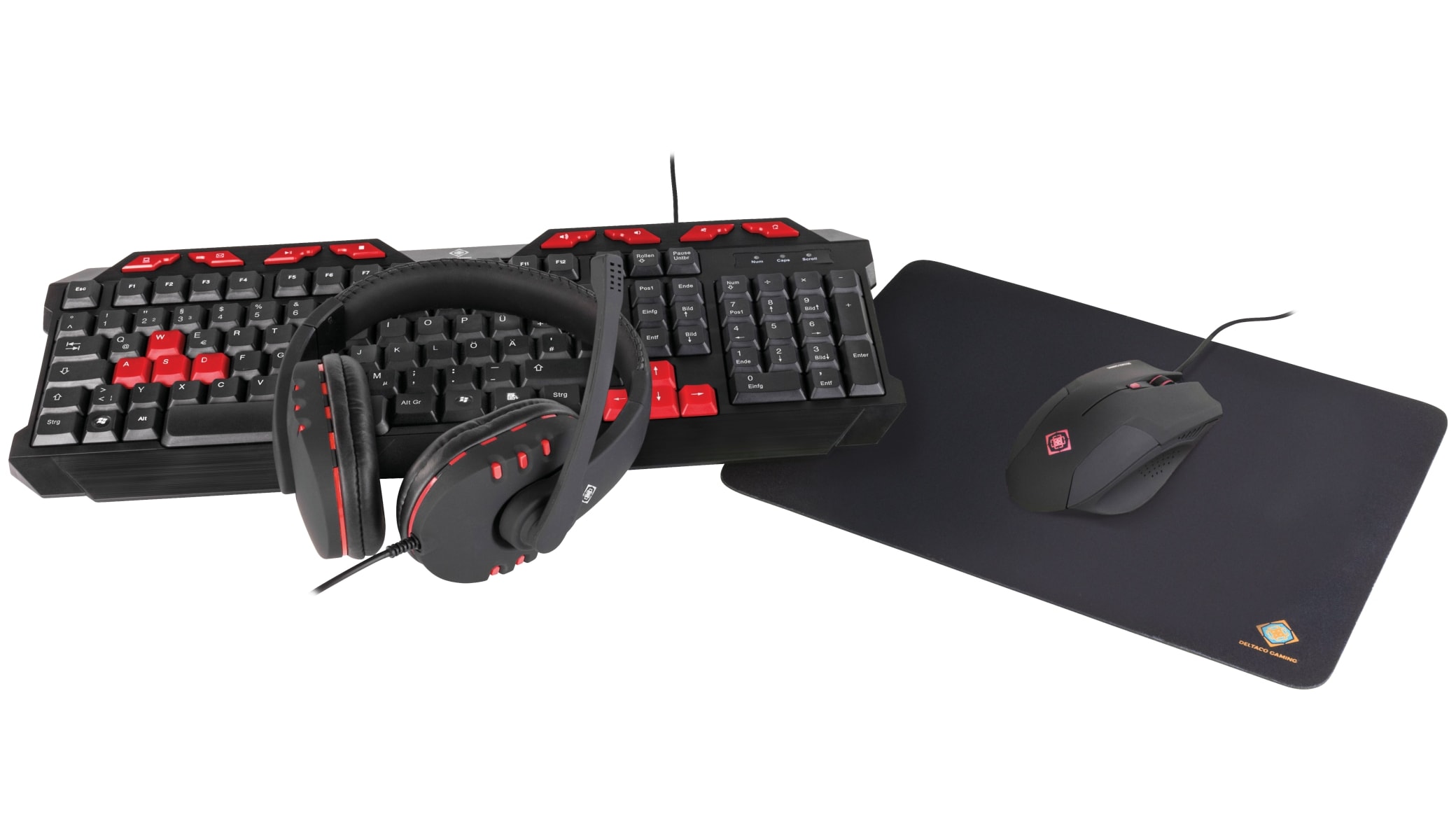 DELTACO GAMING 4 in 1 Gaming-Set mit Tastatur, Headset, Maus und Mauspad