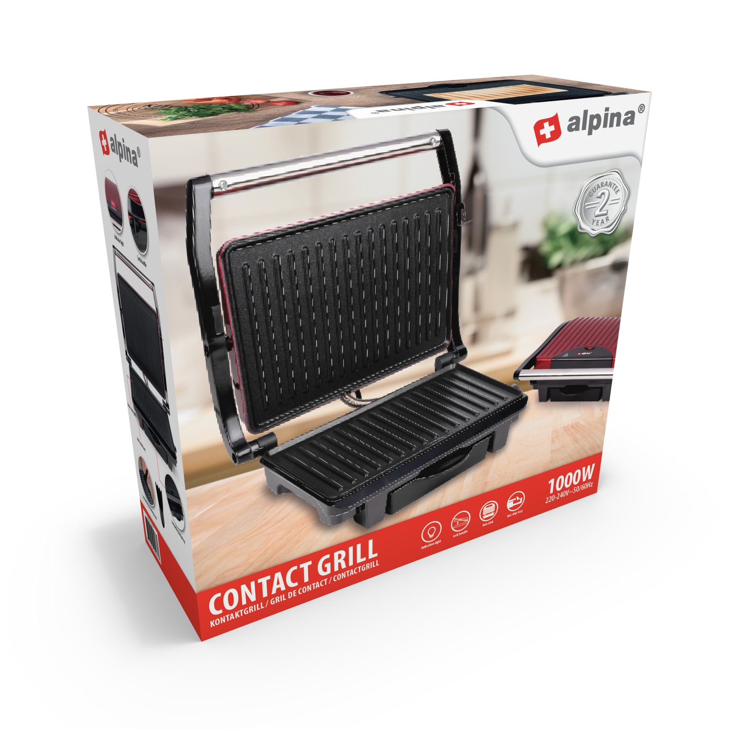 ALPINA Kontaktgrill, Multigrill, Panini, Sandwich, Fleisch, schwarz/rot, 1000W ALPINA Kontaktgrill, Multigrill, Panini, Sandwich, Fleisch, schwarz/rot, 1000W