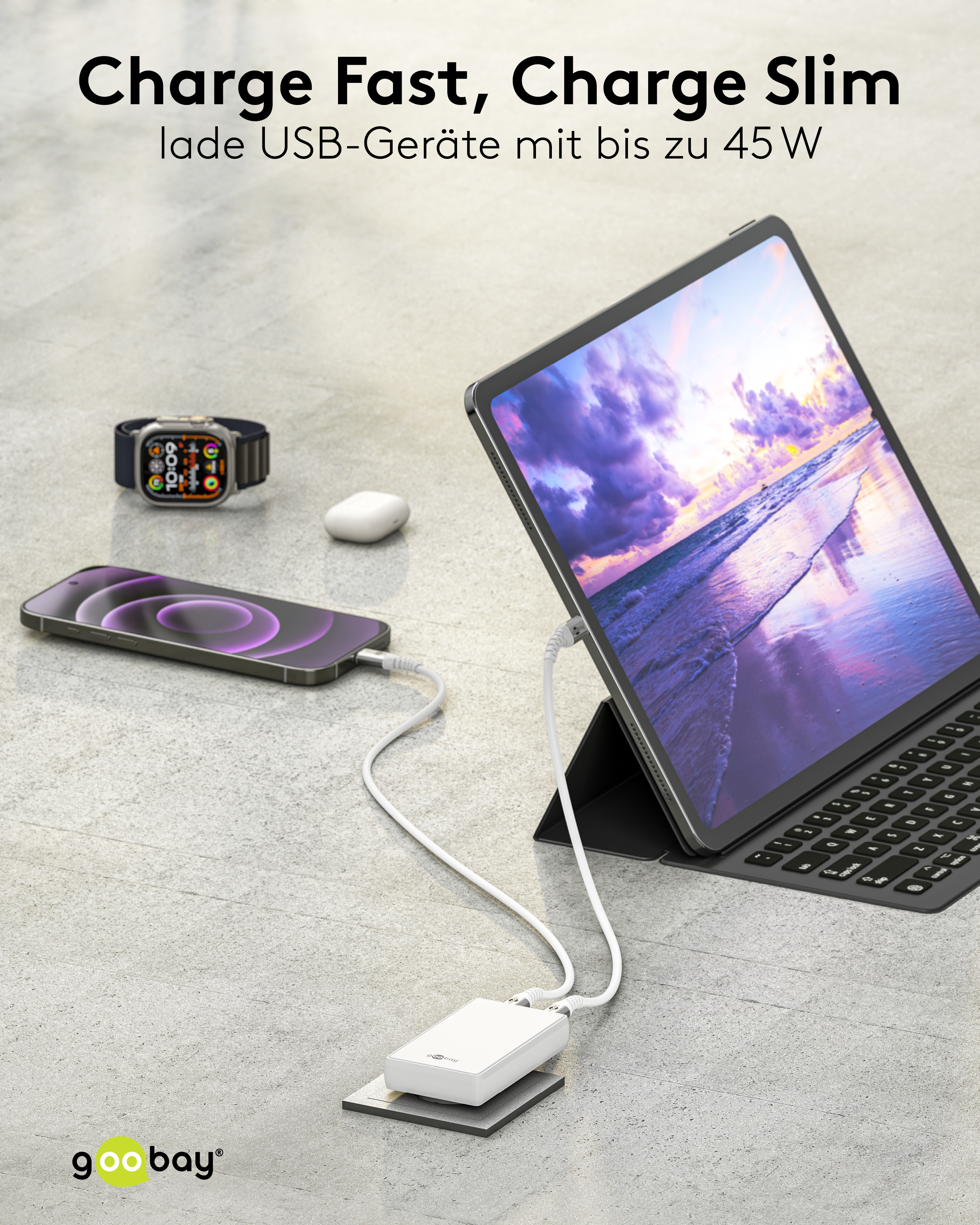 GOOBAY Dual-Schnellladegerät, 45W, 2x USB-C, 90° abgewickelt, flach, weiß