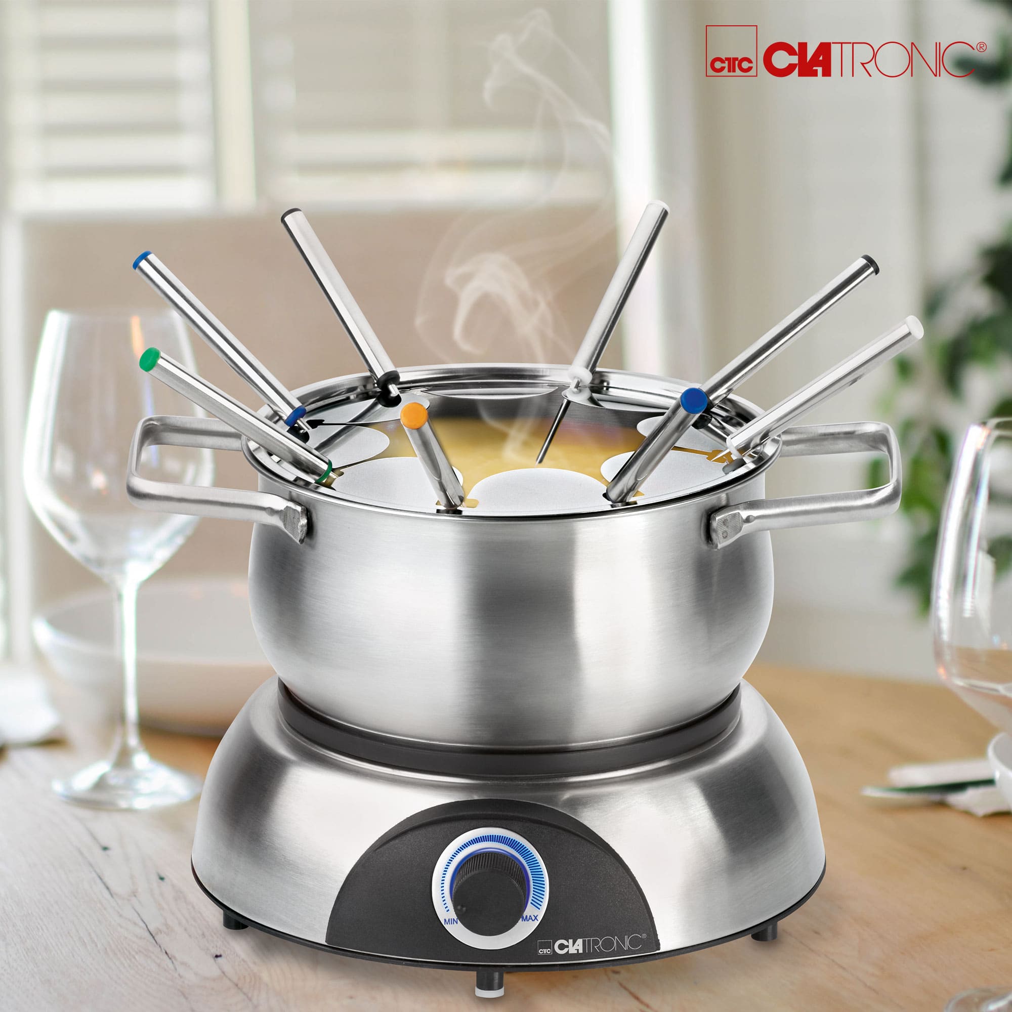 CLATRONIC Fondue-Set FD 3783, Edelstahl Topf, 8 Personen, 1,2 L, 1400W