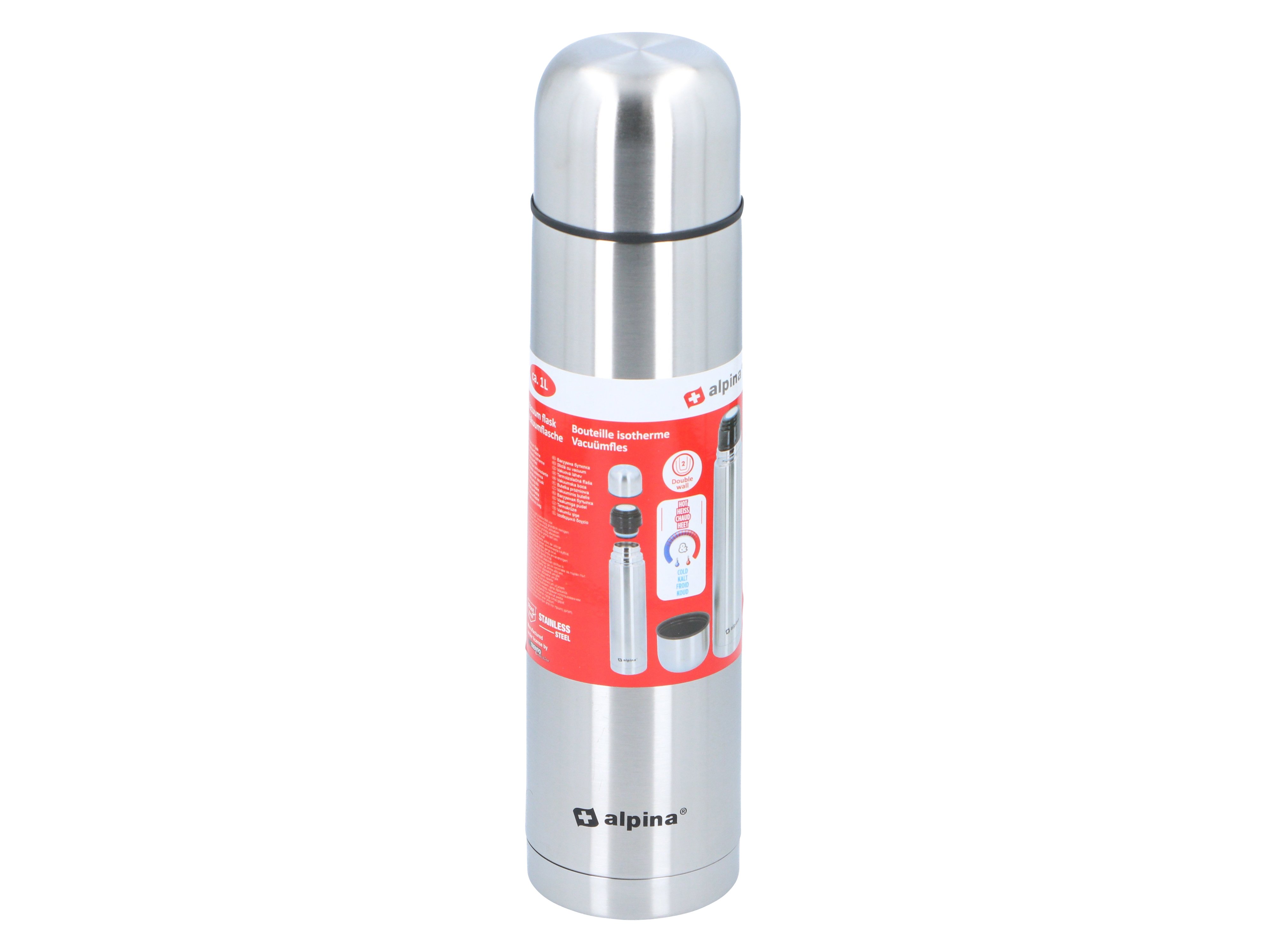 ALPINA Thermoskanne - Isolierkanne, Edelstahl, Doppelwand, mit Becher, 1L