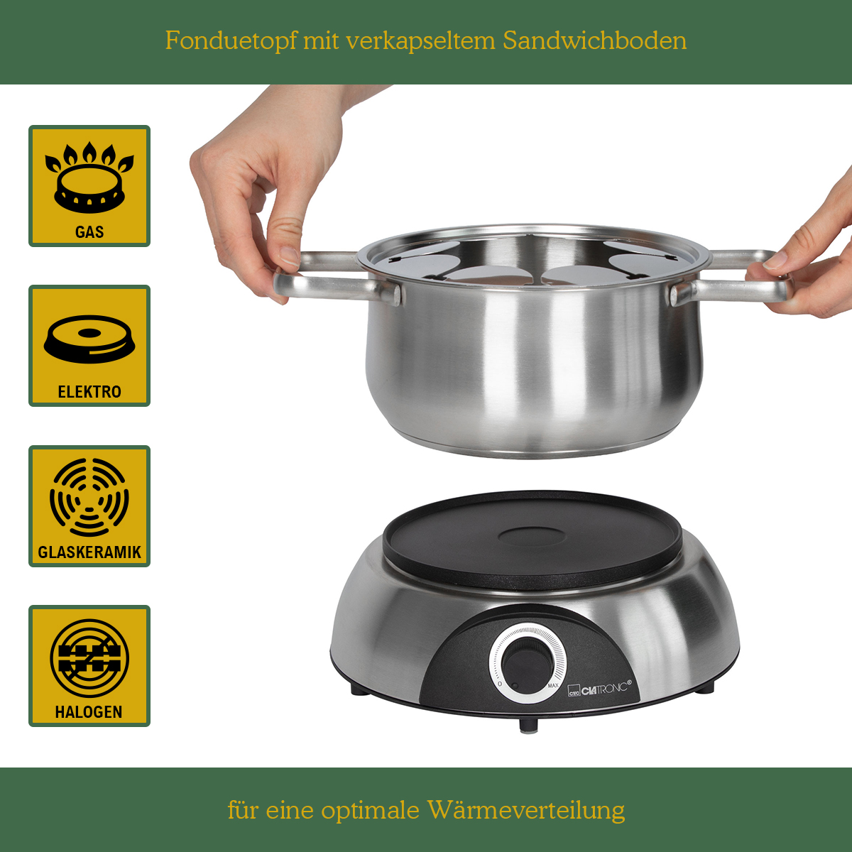 CLATRONIC Fondue-Set FD 3783, Edelstahl Topf, 8 Personen, 1,2 L, 1400W