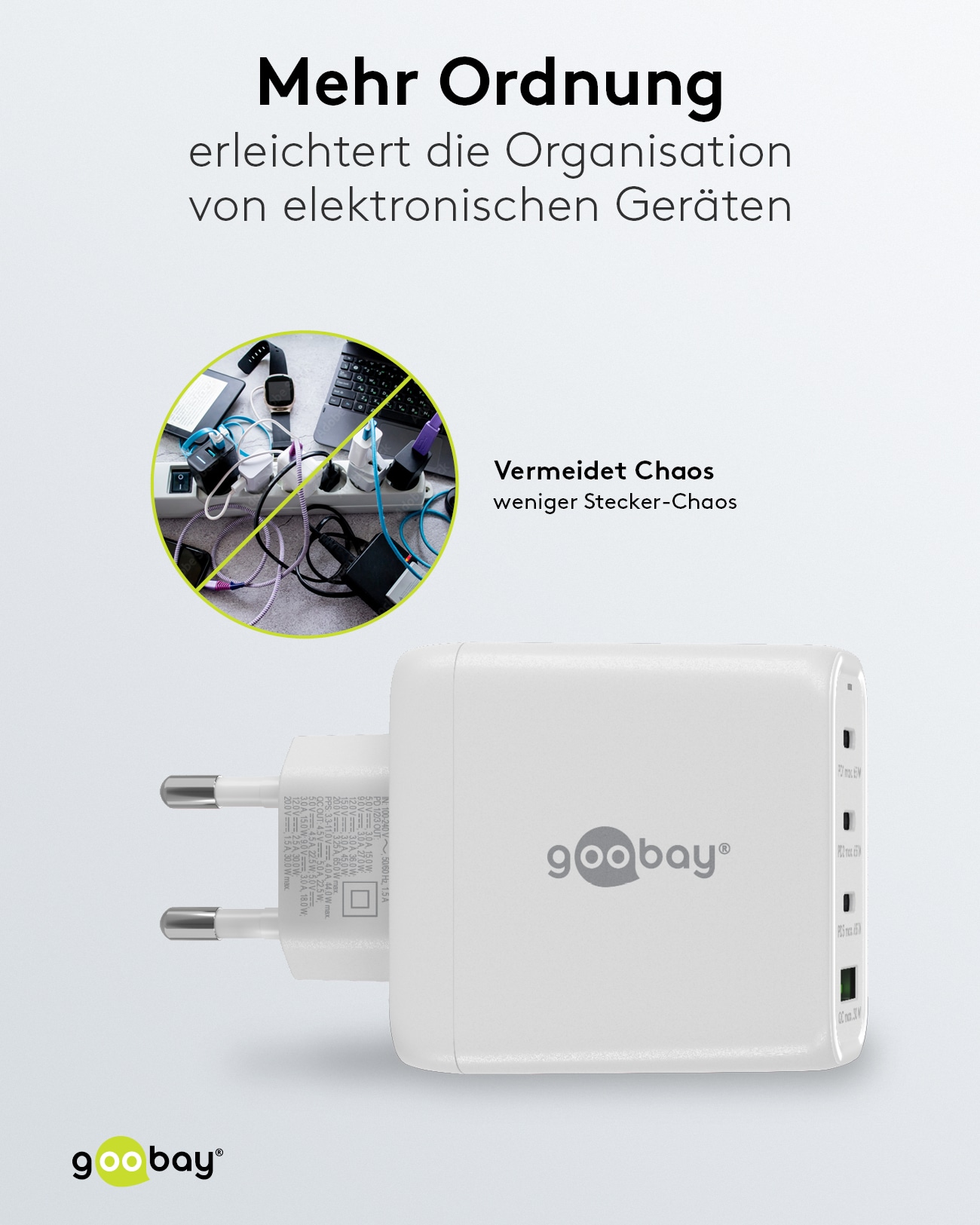GOOBAY USB-Lader 64822, 68 W, 4-fach, 3x C PD, 1x A QC GaN