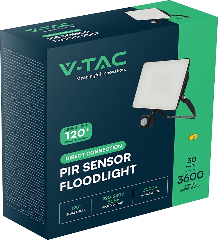 V-TAC LED-Fluter, VT-4929-FC, EEK: E, 30 W, 3600 lm, 3000 K, IP65, warmweiß