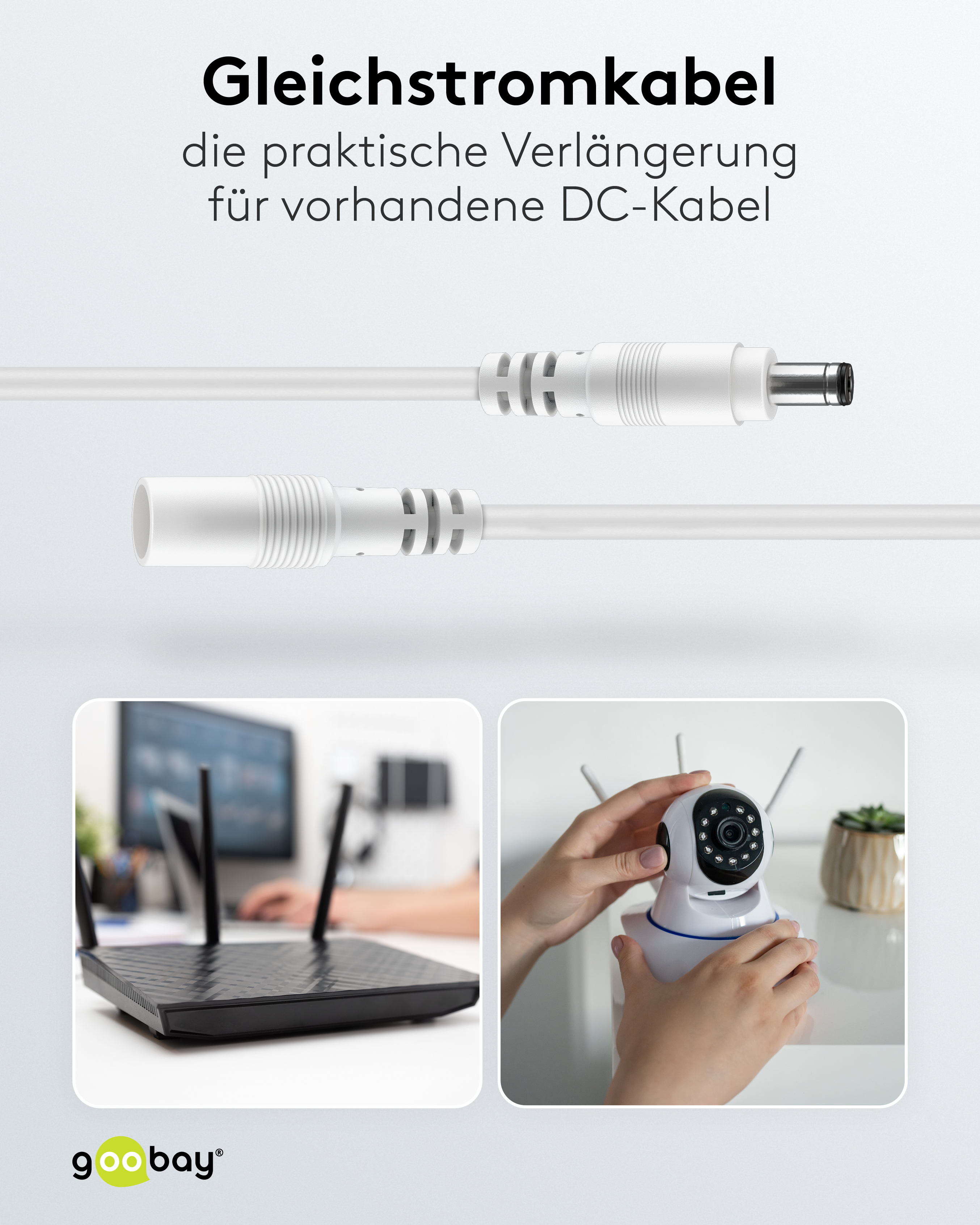GOOBAY DC-Adapterkabel 2,1 mm, DC-Stecker auf DC-Kupplung, weiß, 3 m