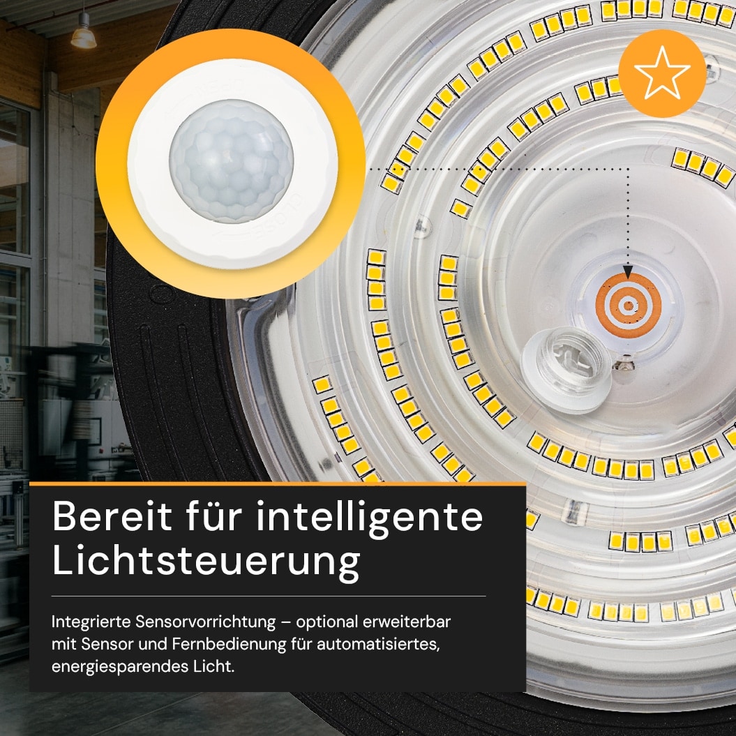 ENOVALITE LED-HighBay-Leuchte, UFO, 60...100 W, 4000 K, EEK: C, 9600...16000 lm, dimmbar, IP65, schwarz