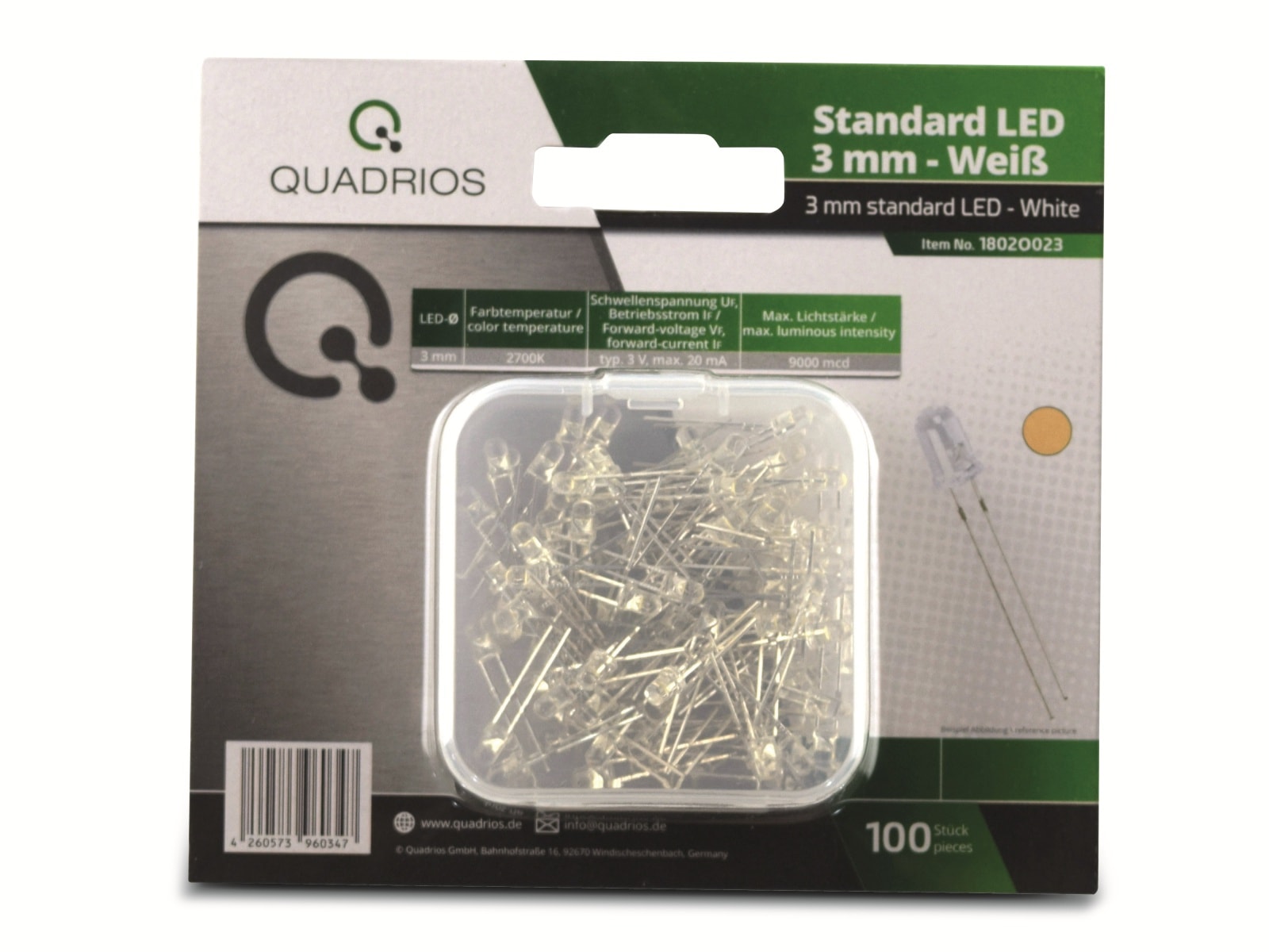 QUADRIOS, 1802O023, LED Sortiment 3 mm Leuchtdioden Warmweiss (9000 mcd) 100 tlg